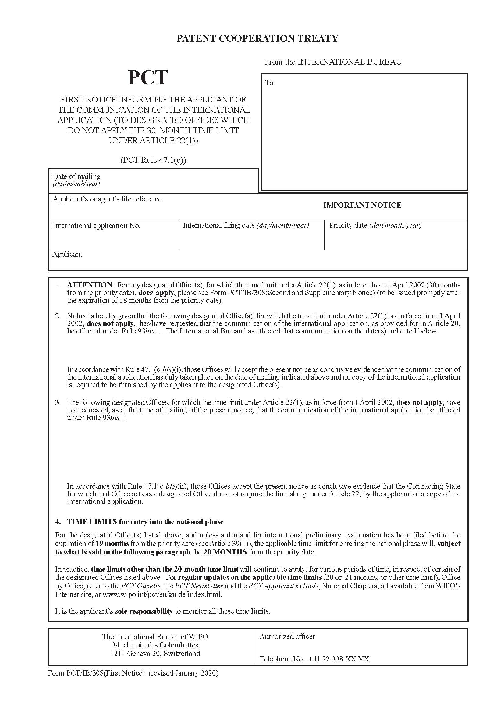First Notice Informing The Applicant Of The Communication Of The International Application {PCT-IB-308} | Pdf Fpdf Doc Docx | Official Federal Forms