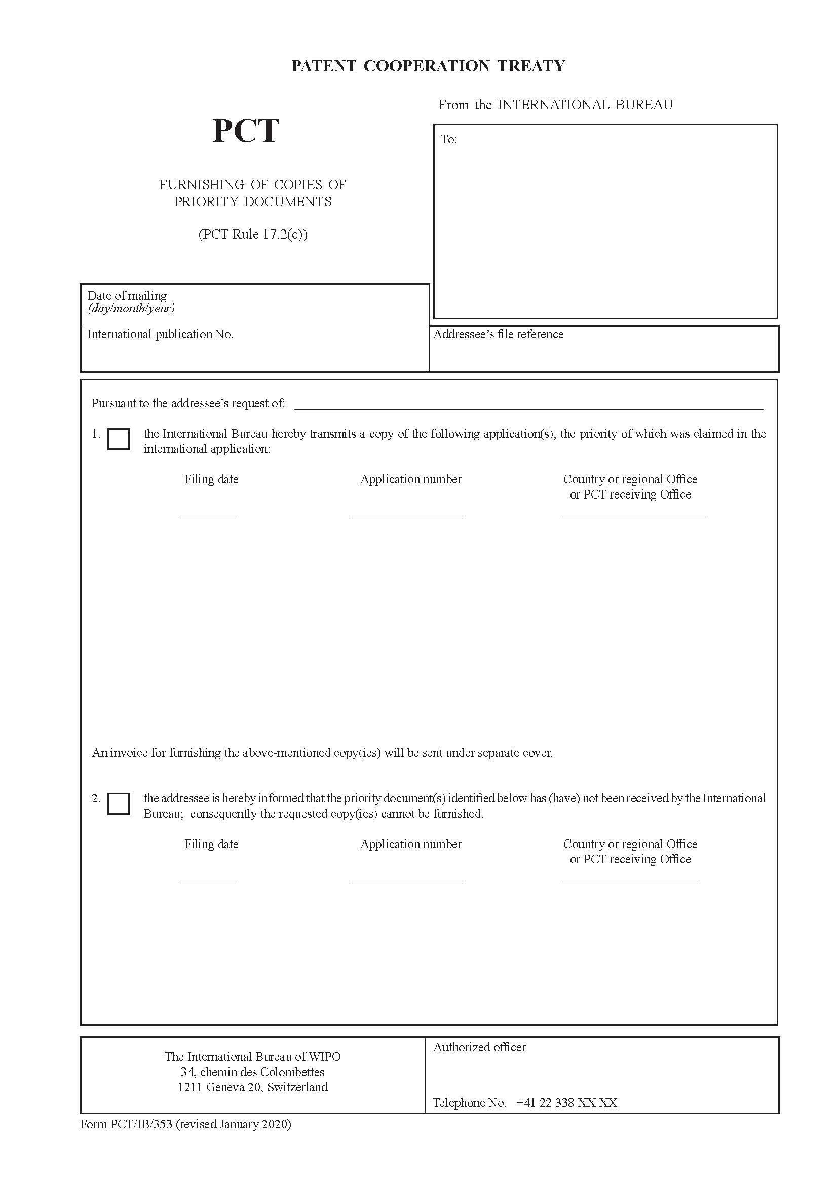 Furnishing Of Copies Of Priority Documents {PCT-IB-353} | Pdf Fpdf Docx | Official Federal Forms