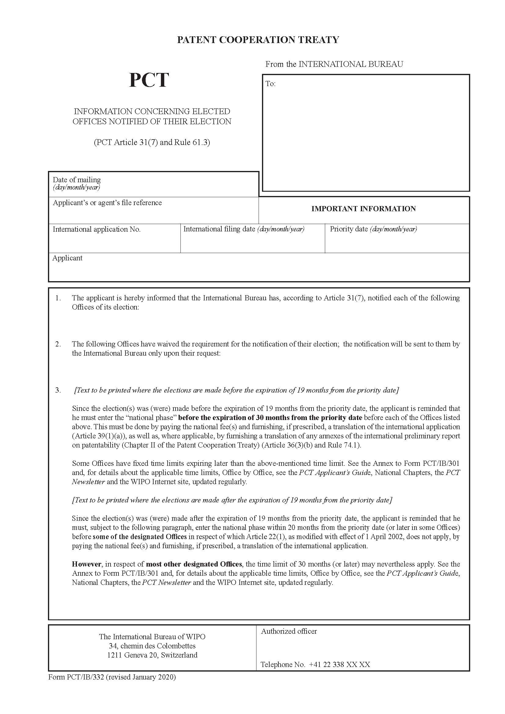 Information Concerning Elected Offices Notified Of Their Election {PCT-IB-332} | Pdf Fpdf Docx | Official Federal Forms