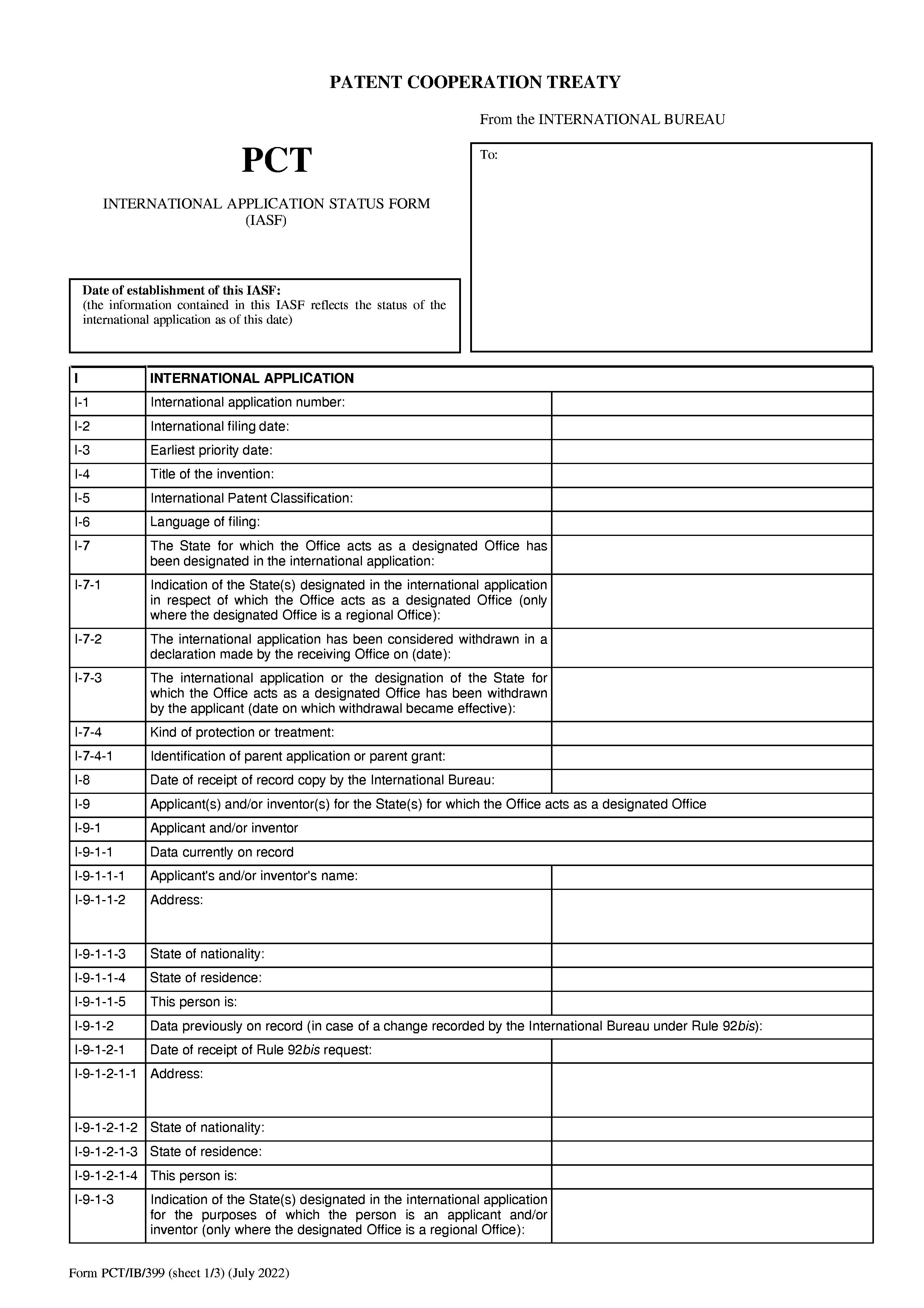 International Application Status Form (IASF) {PCT-IB-399} | Pdf Fpdf Doc Docx | Official Federal Forms
