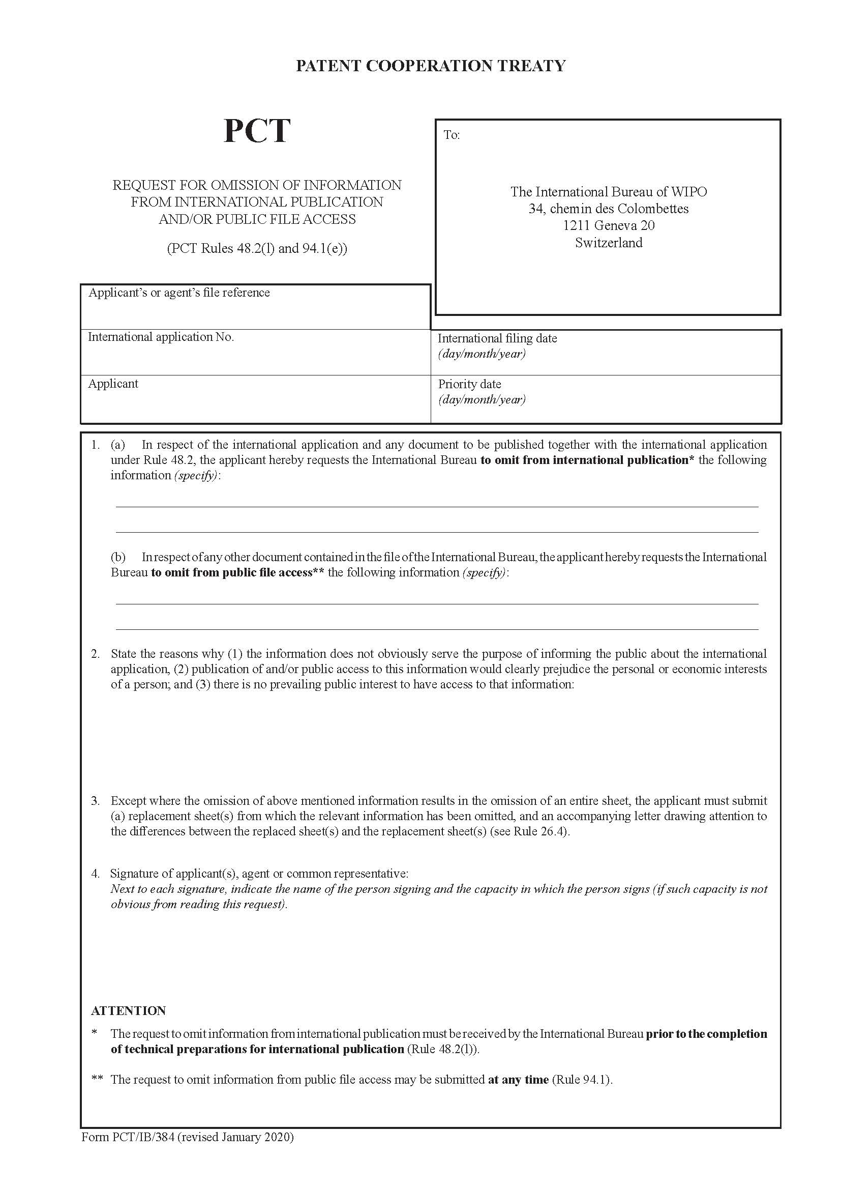 Invitation For Omission Of Information From International Publication {PCT-IB-384} | Pdf Fpdf Doc Docx | Official Federal Forms