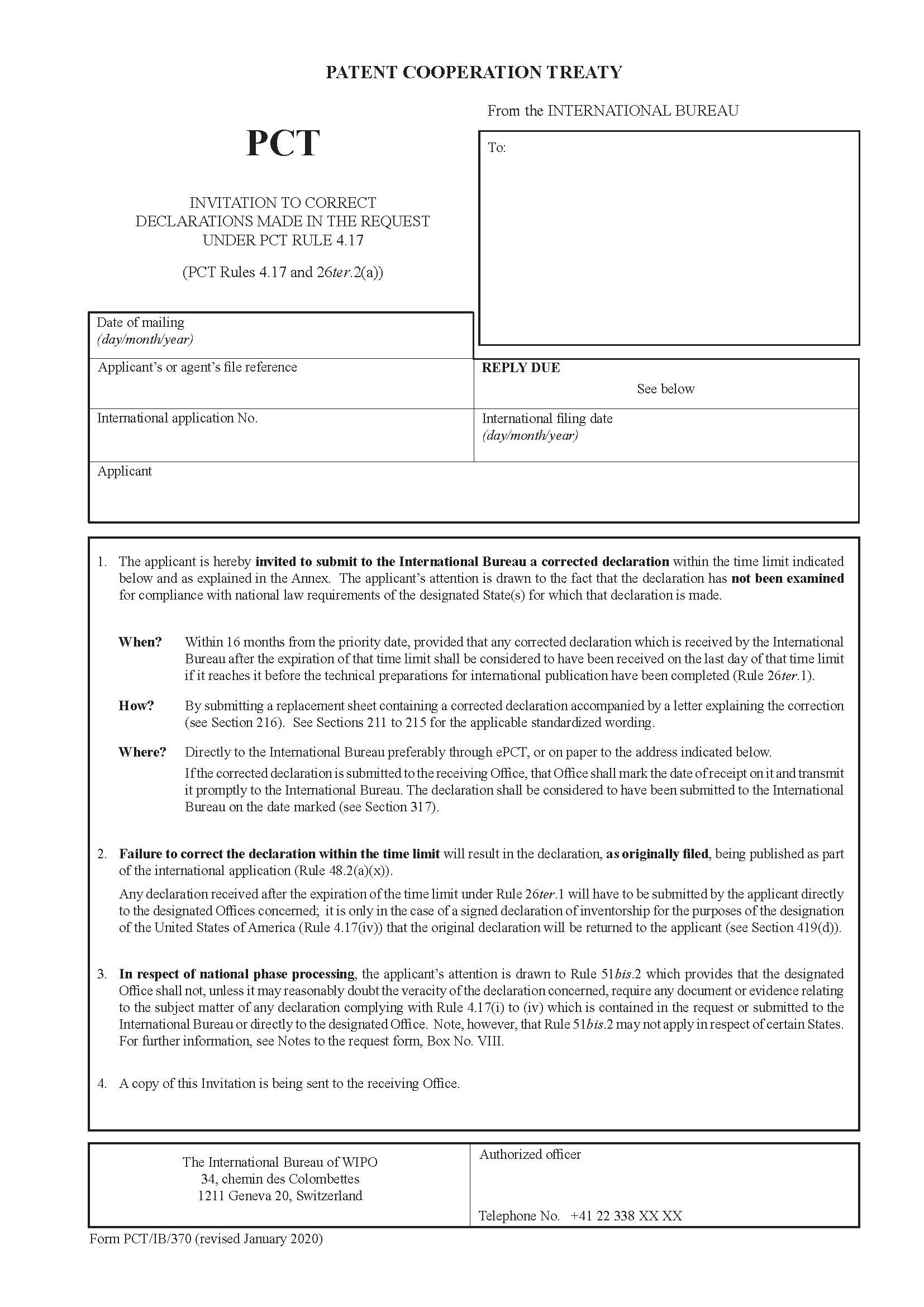Invitation To Correct Declarations Made In The Request Under PCT Rule 4.17 {PCT-IB-370} | Pdf Fpdf Docx | Official Federal Forms