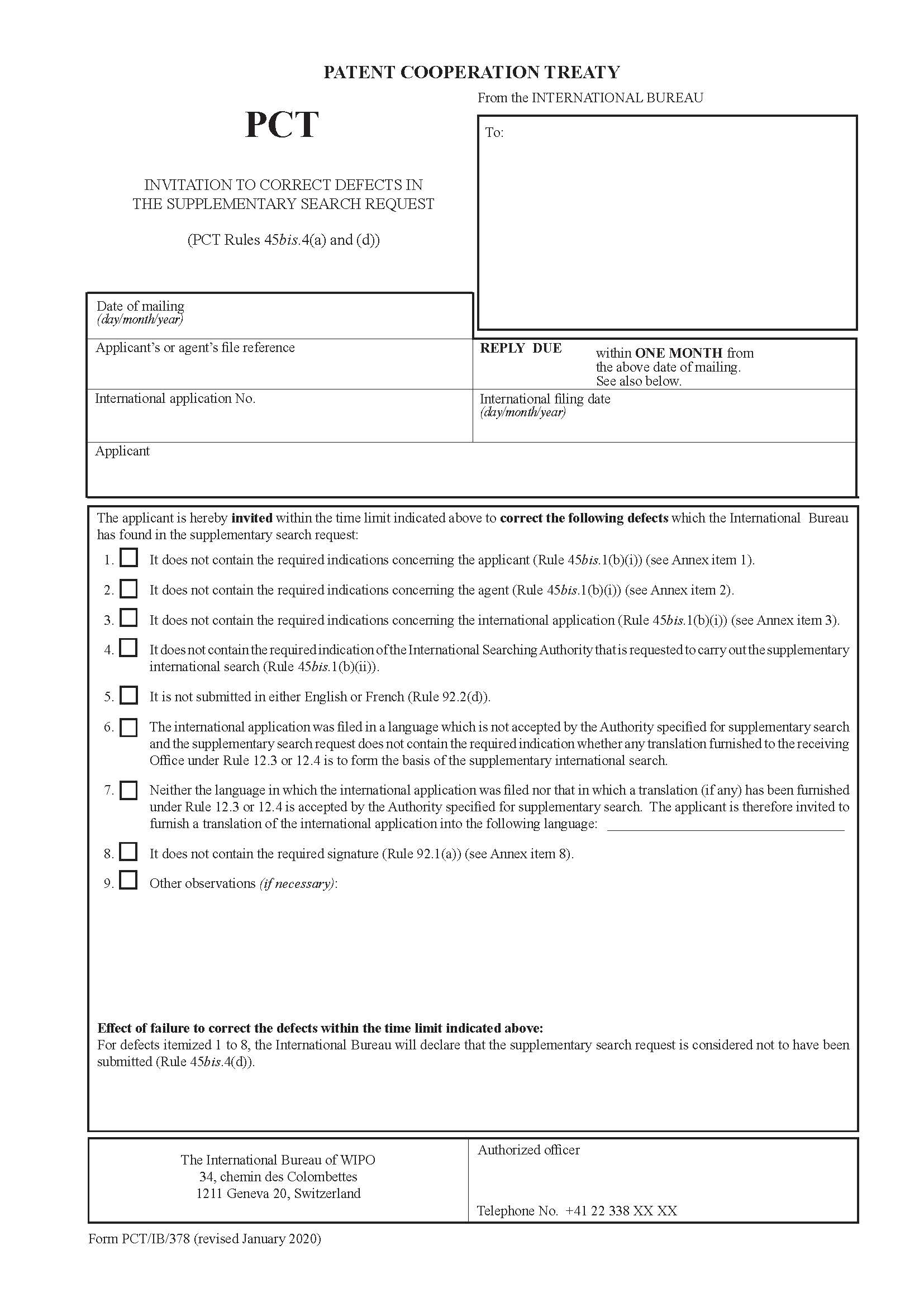 Invitation To Correct Defects In The Supplementary Search Request {PCT-IB-378} | Pdf Fpdf Docx | Official Federal Forms