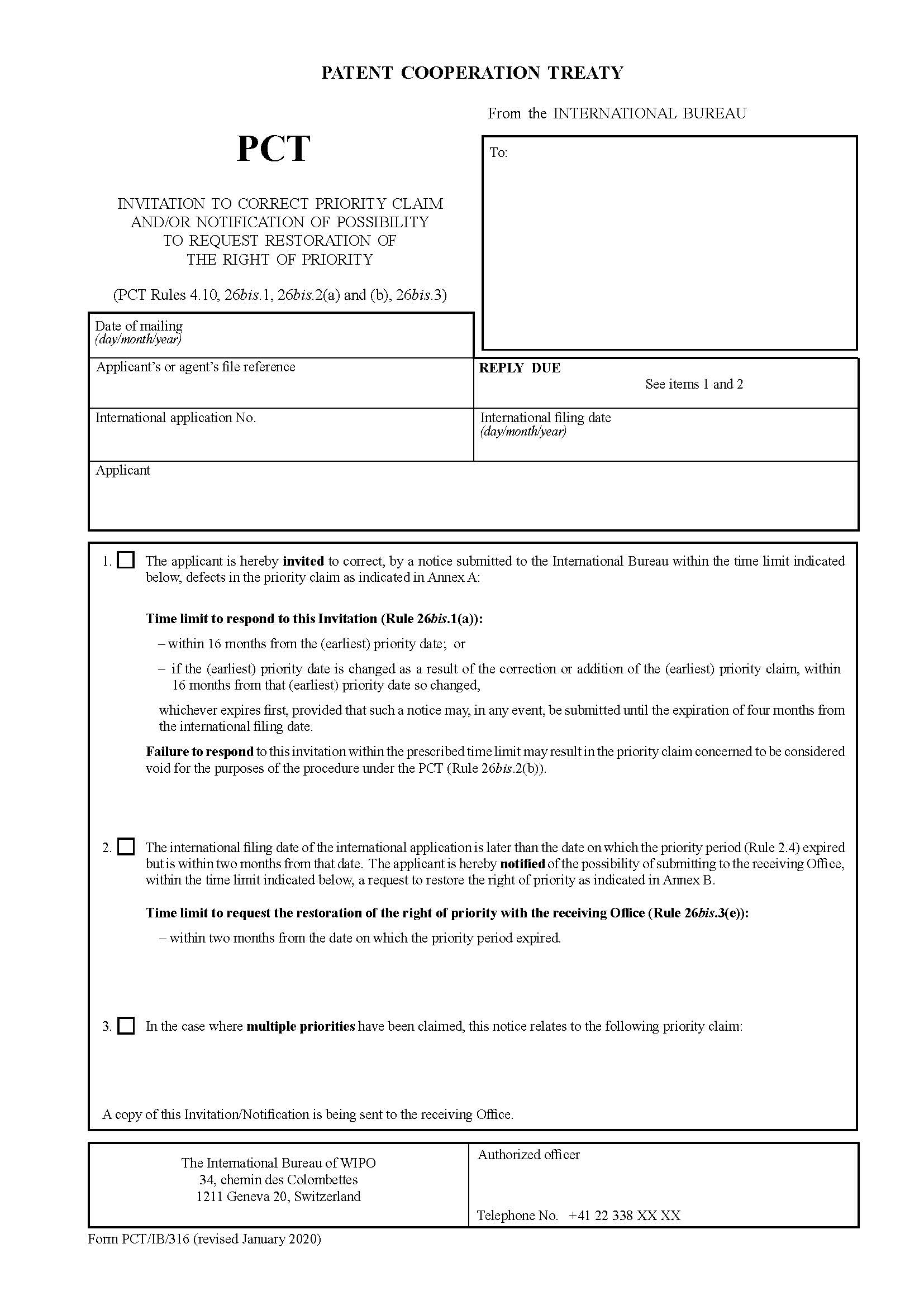 Invitation To Correct Priority Claim {PCT-IB-316} | Pdf Fpdf Doc Docx | Official Federal Forms