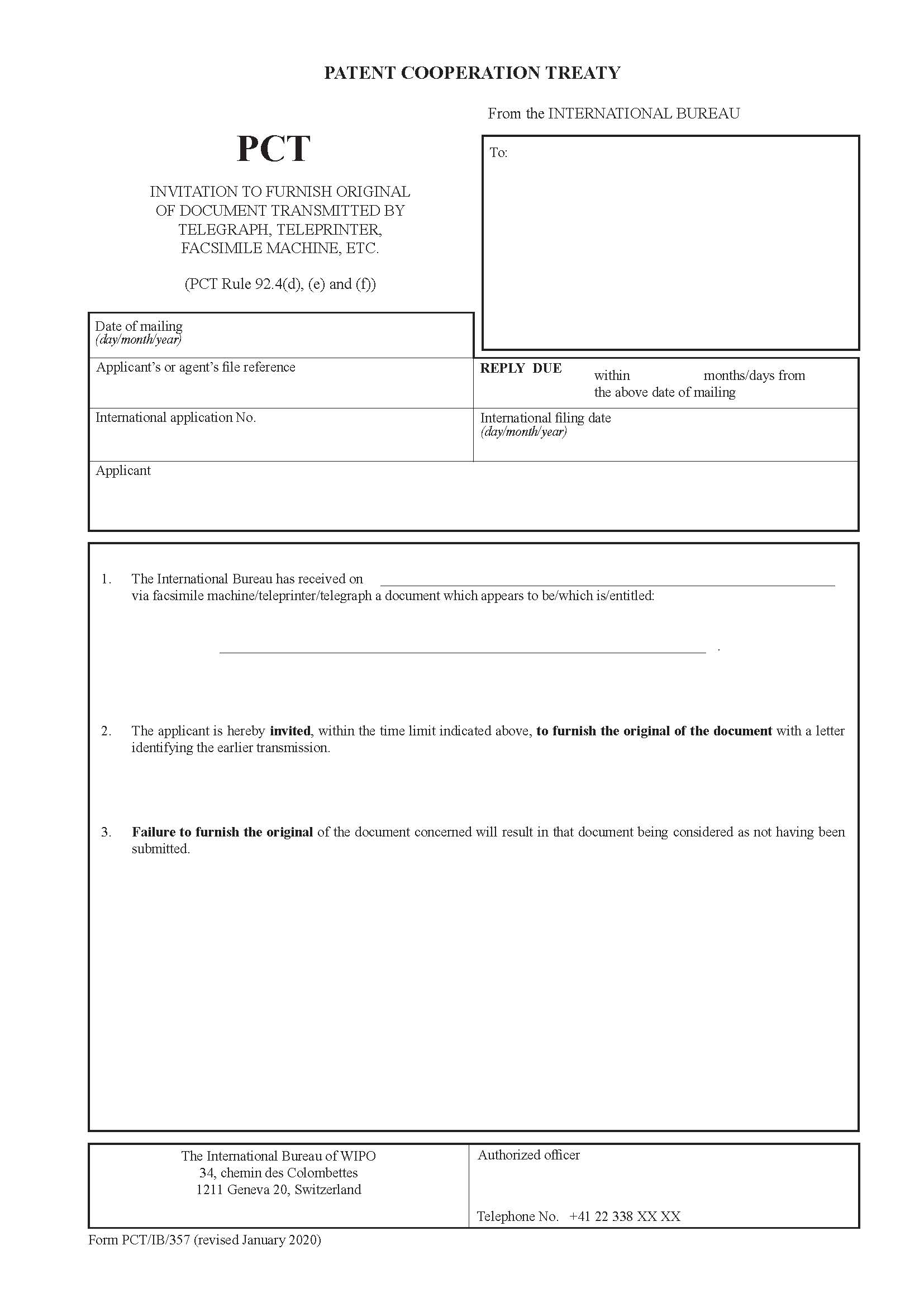 Invitation To Furnish Original Of Document Transmitted By Telegraph Teleprinter Facsimile {PCT-IB-357} | Pdf Fpdf Doc Docx | Official Federal Forms