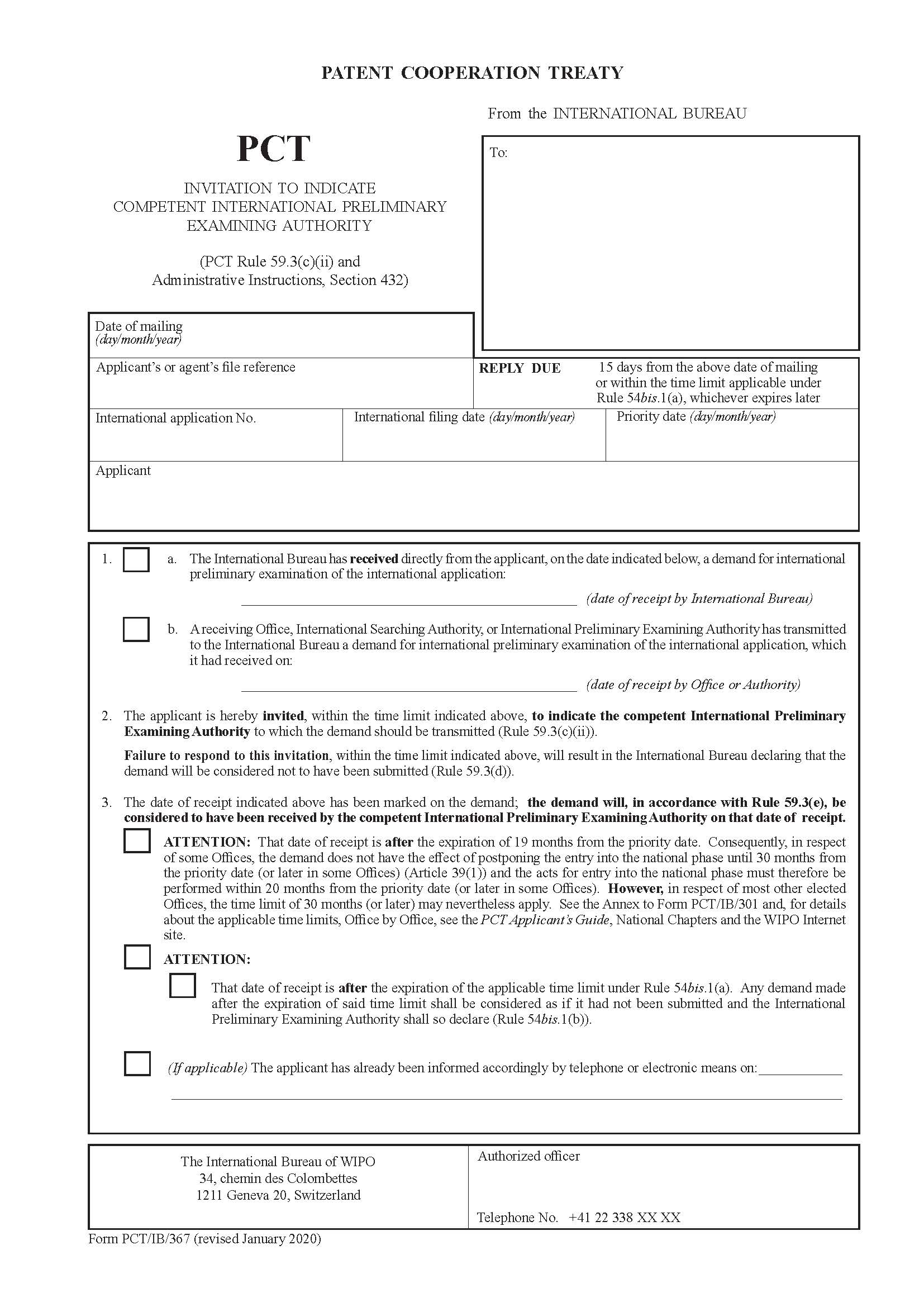 Invitation To Indicate Competent International Preliminary Examing Authority {PCT-IB-367} | Pdf Fpdf Doc Docx | Official Federal Forms