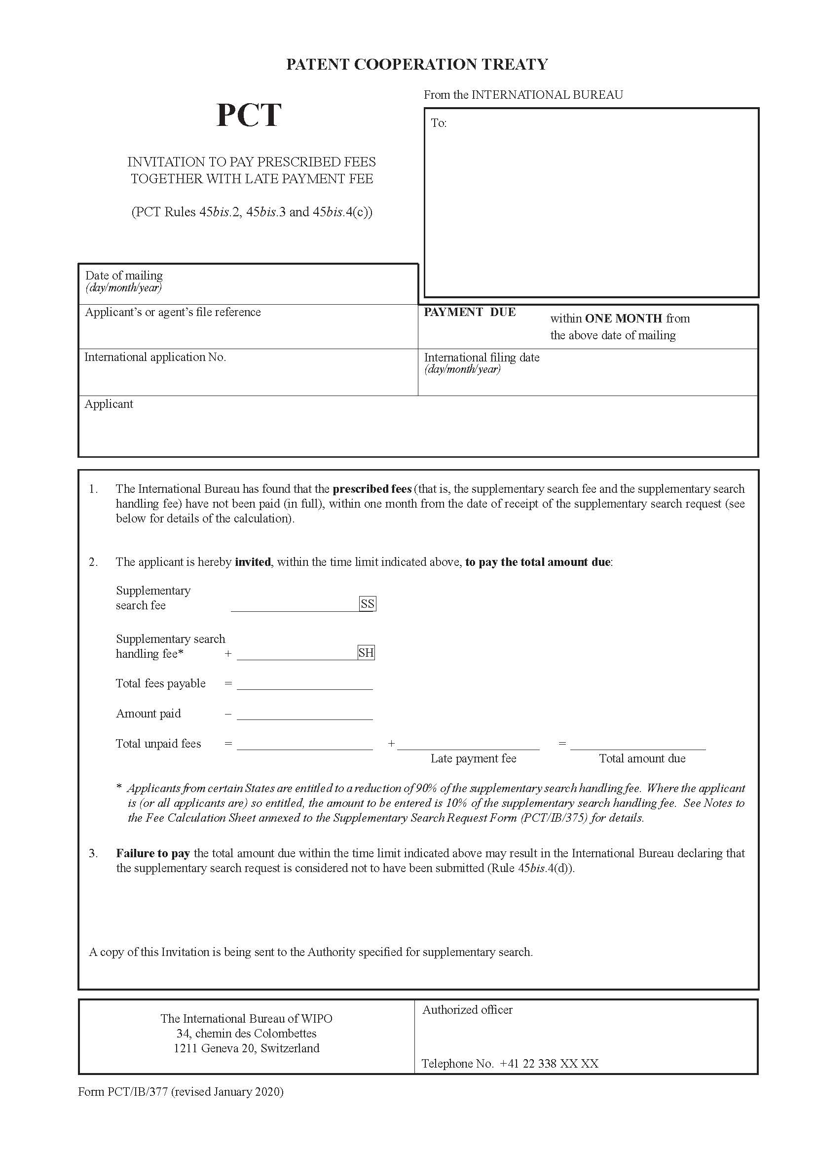 Invitation To Pay Prescribed Fees Together With Late Payment Fee {PCT-IB-377} | Pdf Fpdf Doc Docx | Official Federal Forms