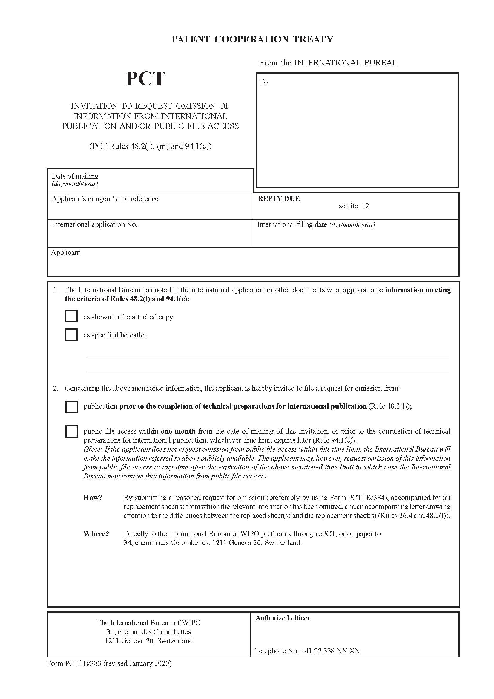 Invitation To Request Omission Of Information From International Publication {PCT-IB-383} | Pdf Fpdf Doc Docx | Official Federal Forms