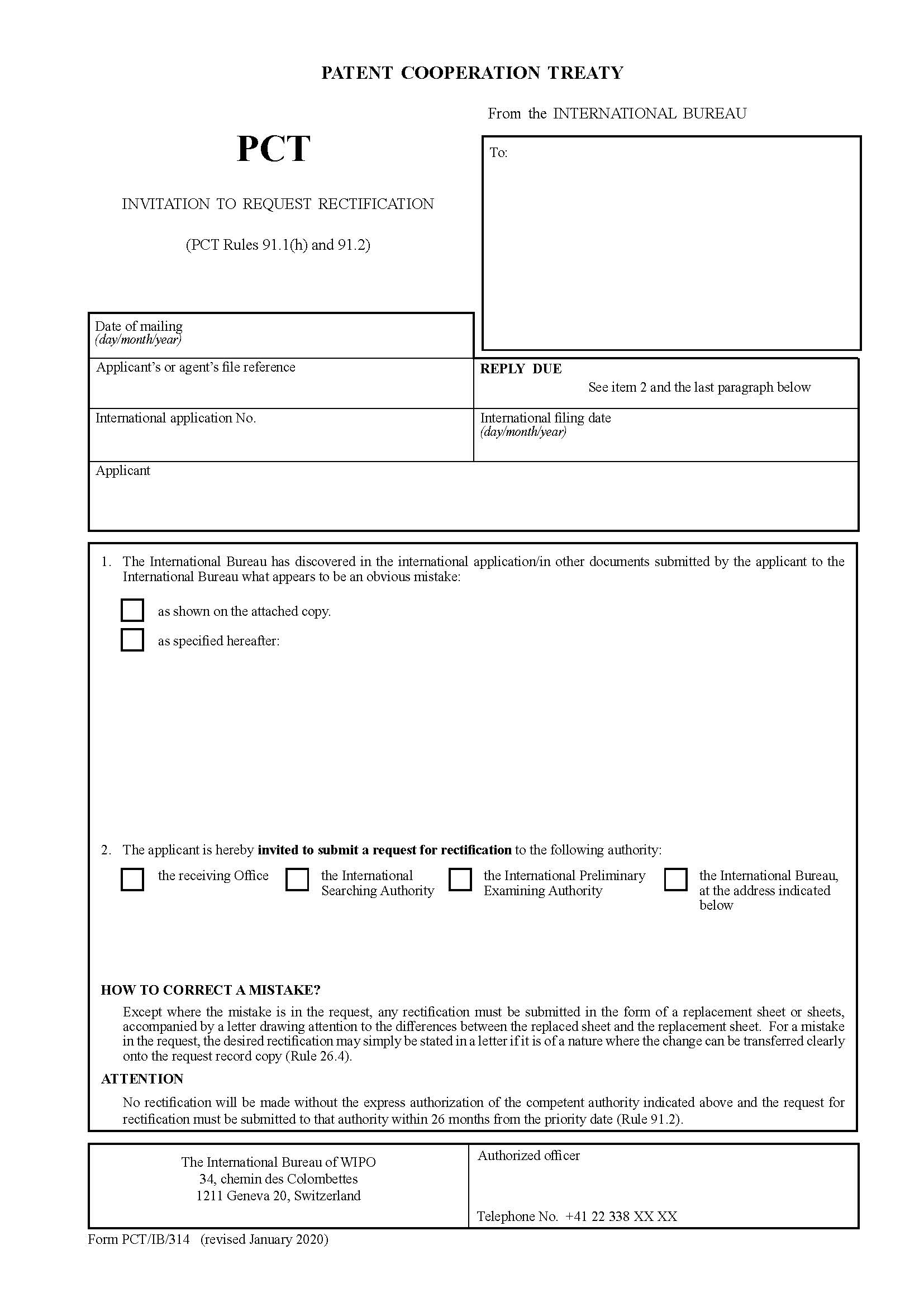 Invitation To Request Rectification {PCT-IB-314} | Pdf Fpdf Doc Docx | Official Federal Forms