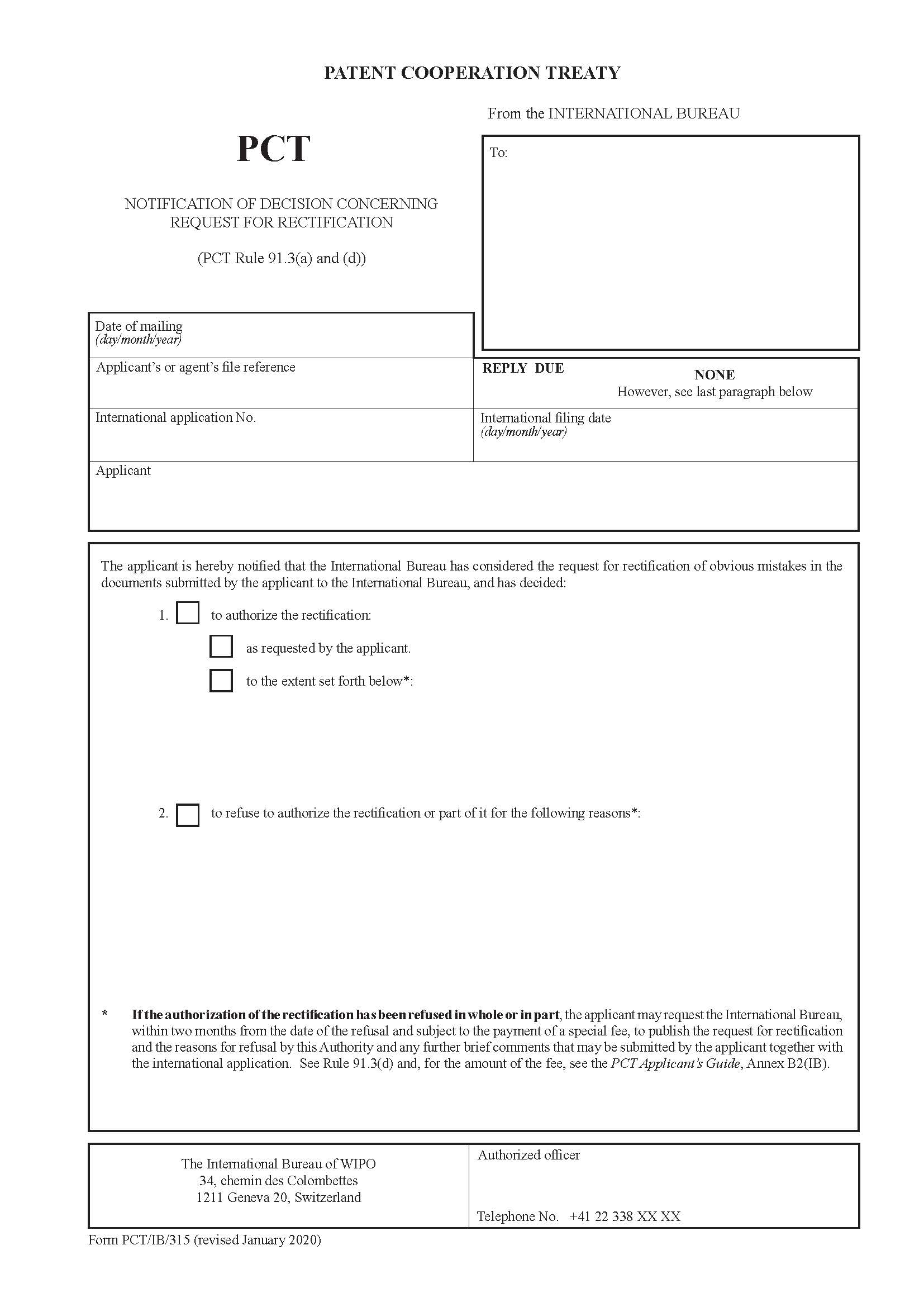Notifcation Of Decision Concerning Request For Rectification {PCT-IB-315} | Pdf Fpdf Doc Docx | Official Federal Forms