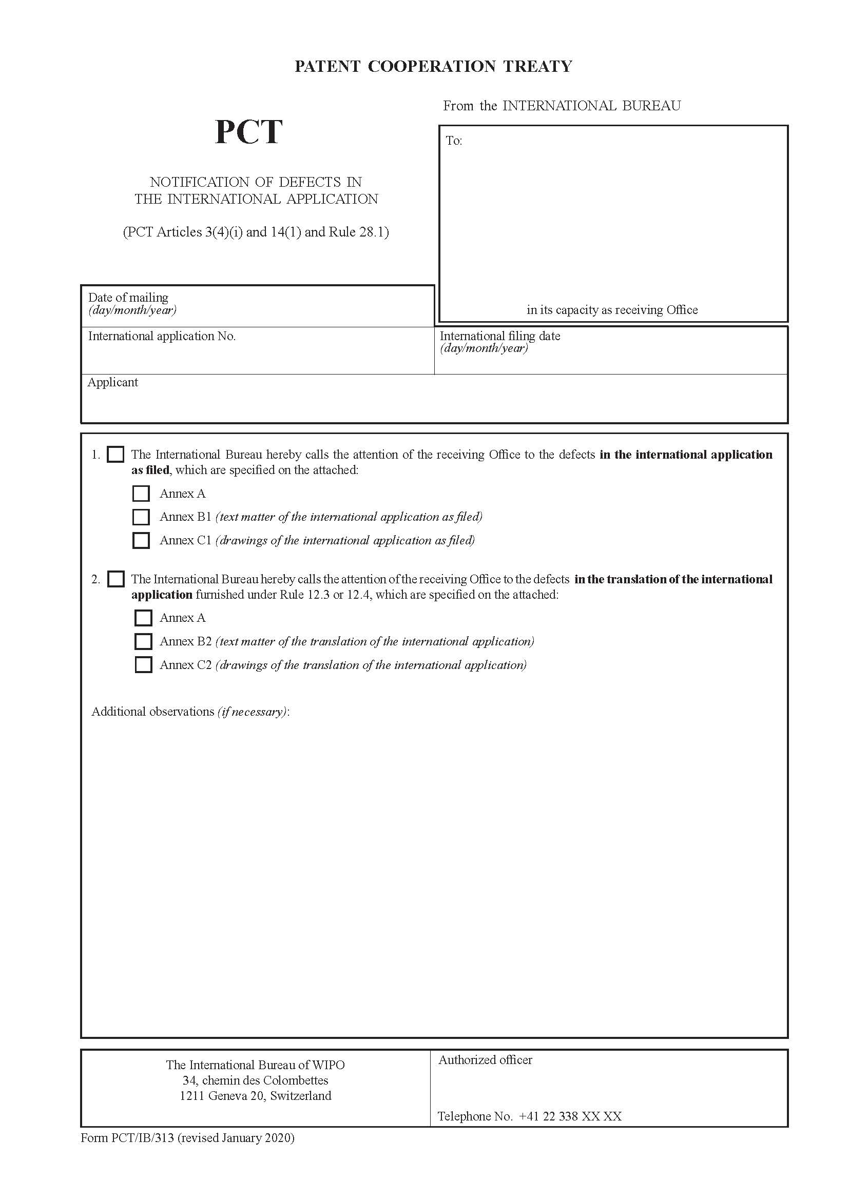 Notifcation Of Defects In The International Application {PCT-IB-313} | Pdf Fpdf Doc Docx | Official Federal Forms