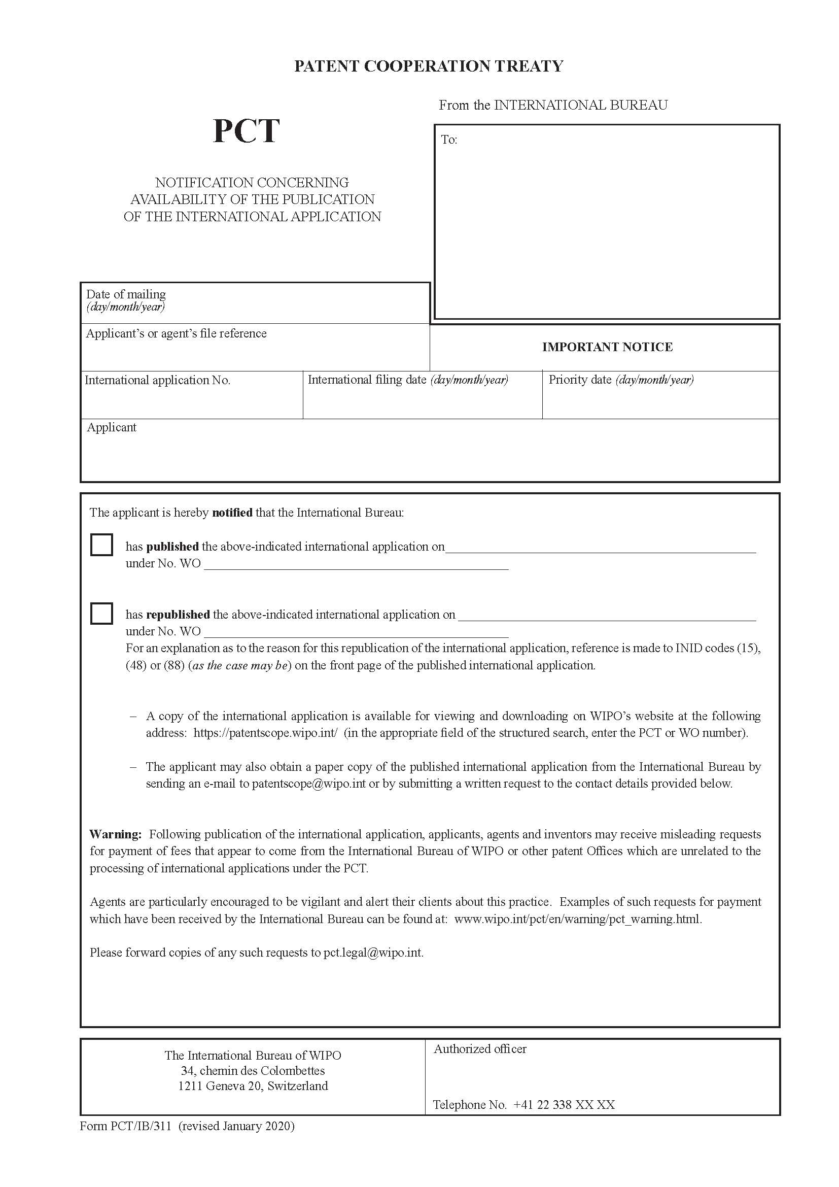 Notification Concerning Availability Of The Publication Of The International Application {PCT-IB-311} | Pdf Fpdf Docx | Official Federal Forms