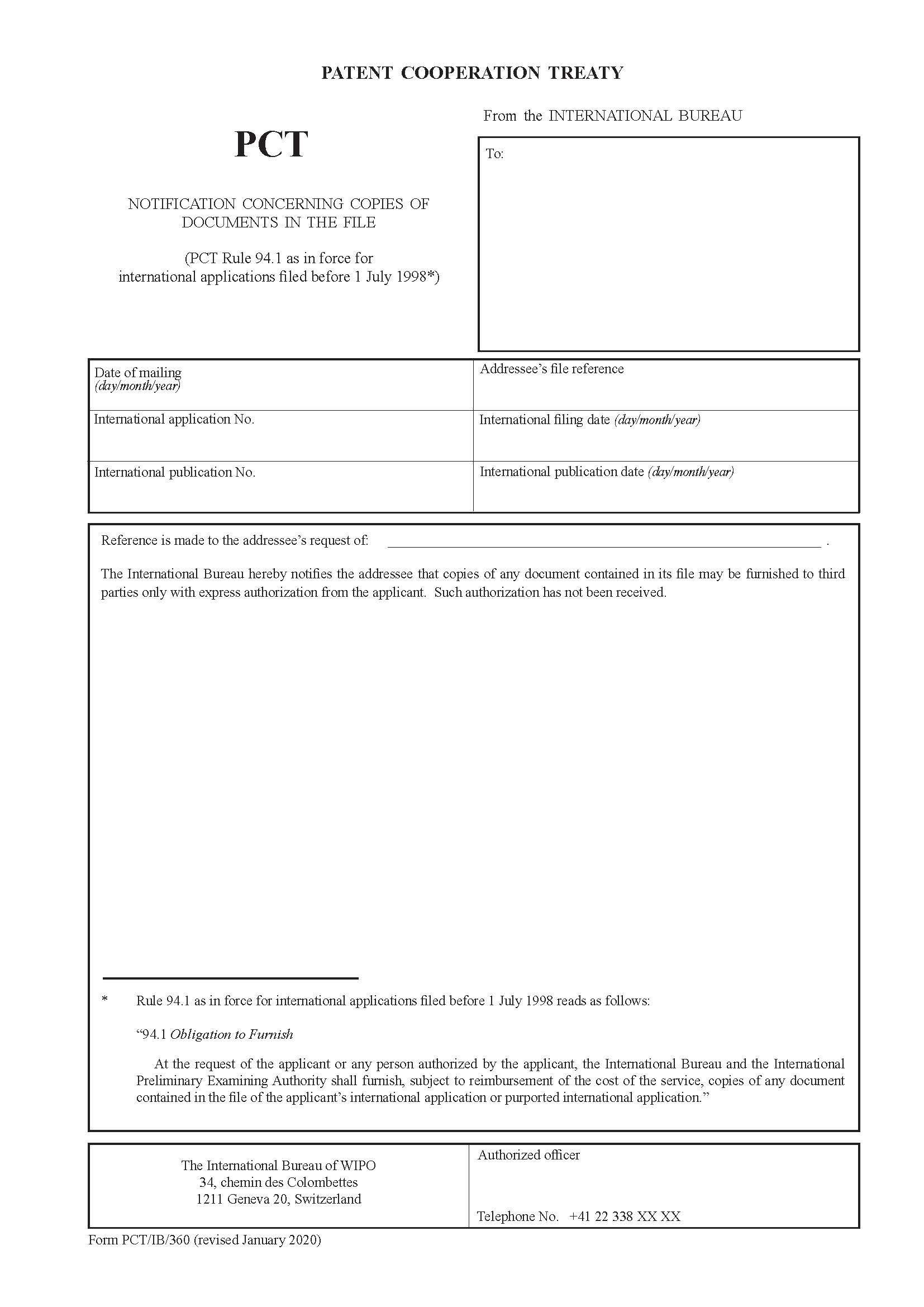 Notification Concerning Copies Of Documents In The File {PCT-IB-360} | Pdf Fpdf Docx | Official Federal Forms