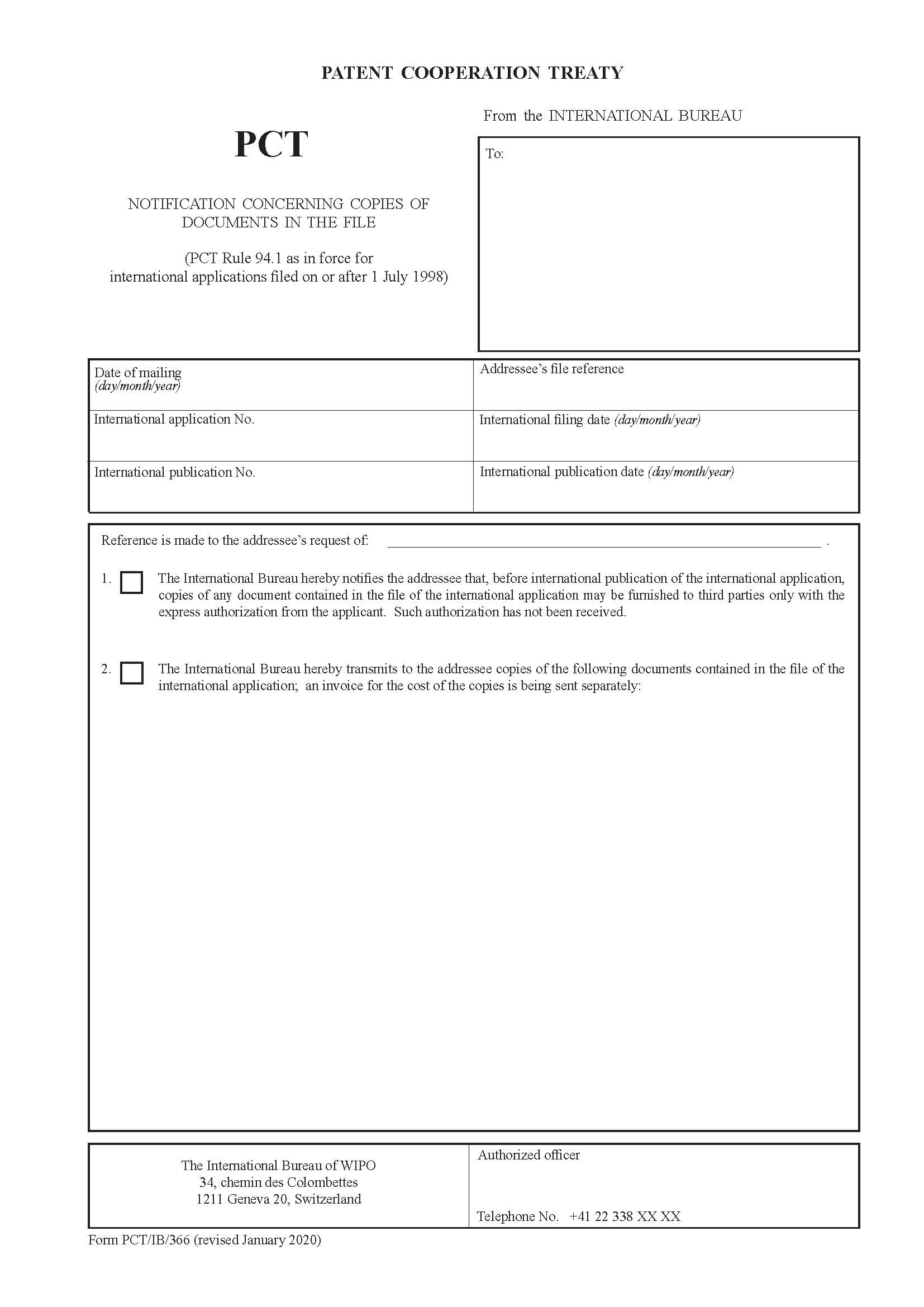 Notification Concerning Copies Of Documents In The File {PCT-IB-366} | Pdf Fpdf Doc Docx | Official Federal Forms