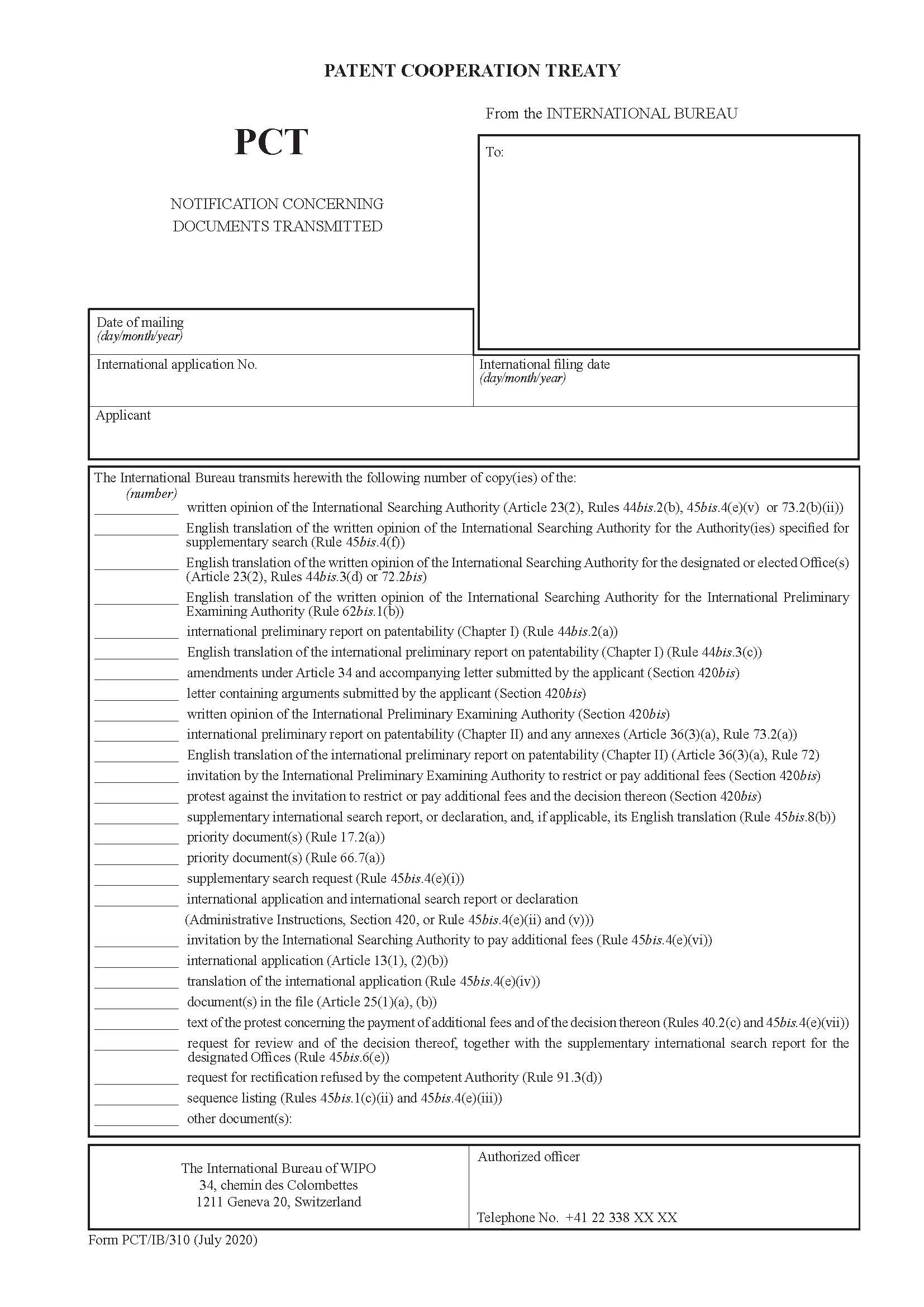 Notification Concerning Documents Transmitted {PCT-IB-310} | Pdf Fpdf Docx | Official Federal Forms
