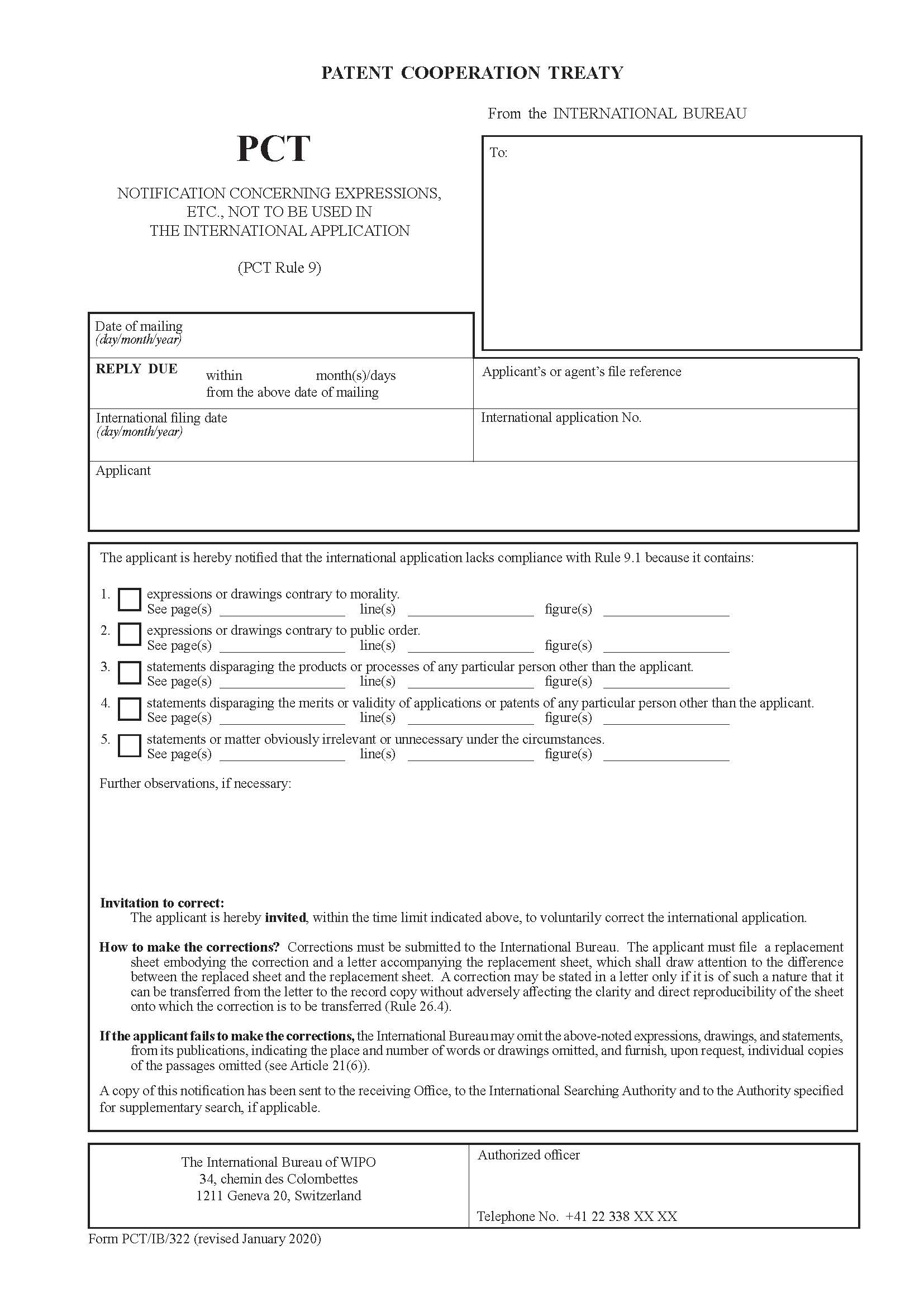 Notification Concerning Expressions Etc Not To Be Used In The International Application {PCT-IB-322} | Pdf Fpdf Docx | Official Federal Forms