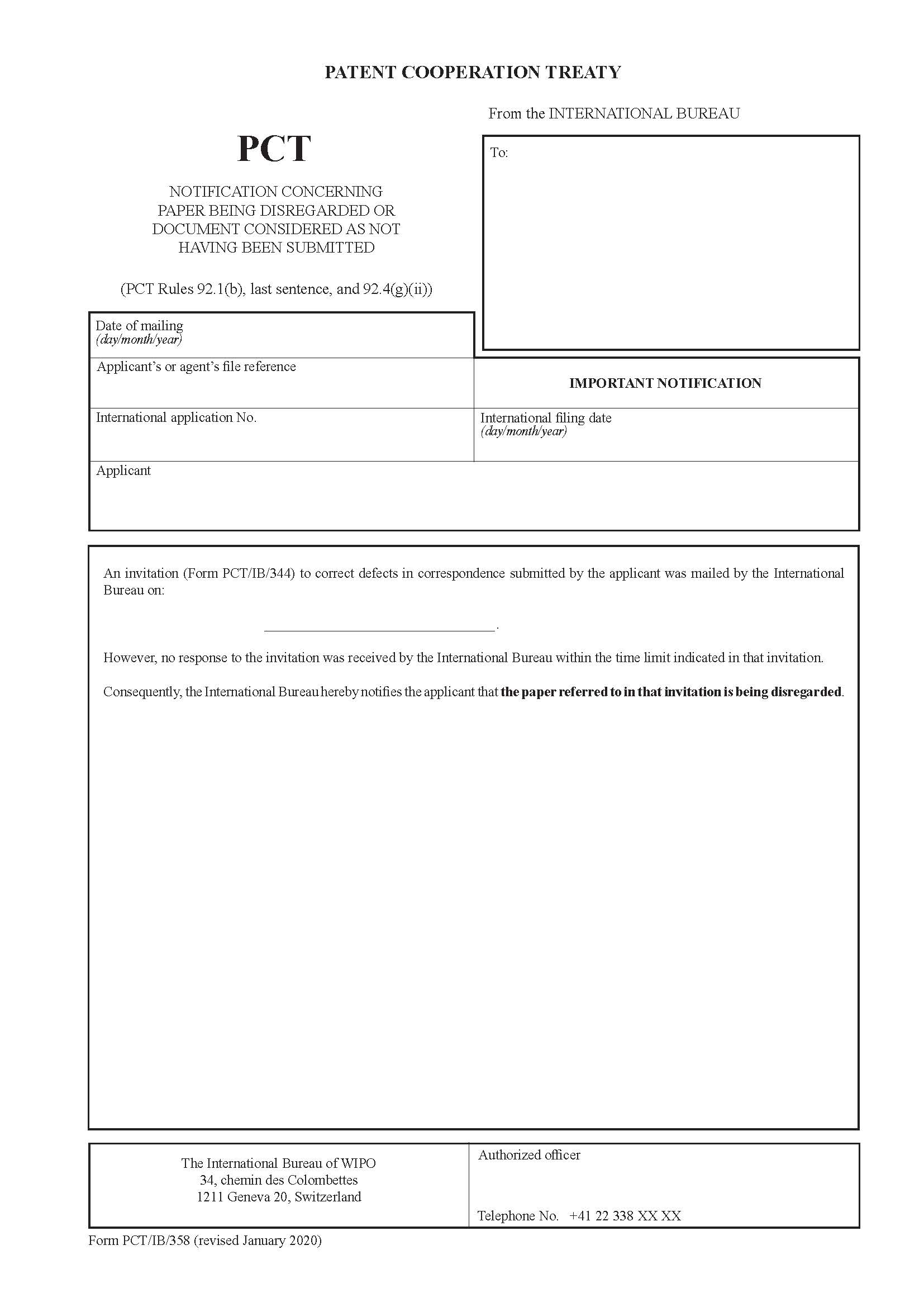 Notification Concerning Paper Being Disregarded Or Document Considered {PCT-IB-358} | Pdf Fpdf Docx | Official Federal Forms