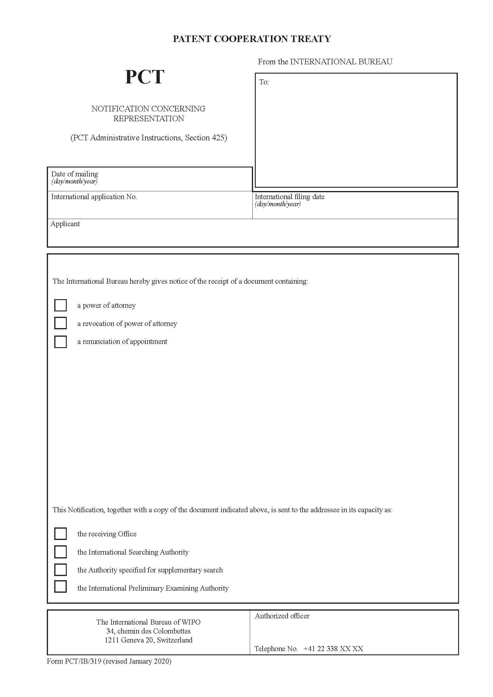 Notification Concerning Representation {PCT-IB-319} | Pdf Fpdf Doc Docx | Official Federal Forms