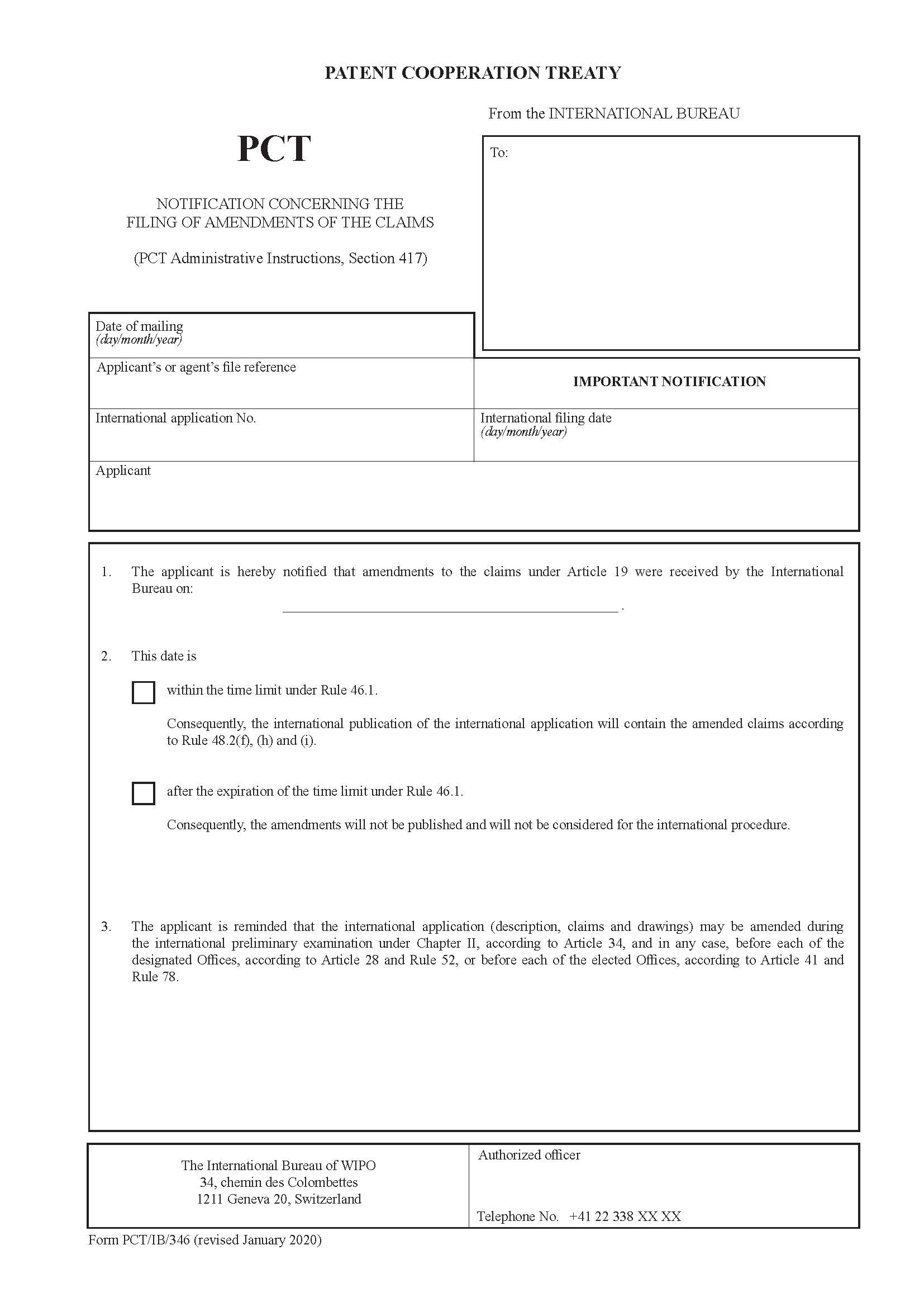 Notification Concerning The Filing Of Amendments Of The Claims {PCT-IB-346} | Pdf Fpdf Doc Docx | Official Federal Forms