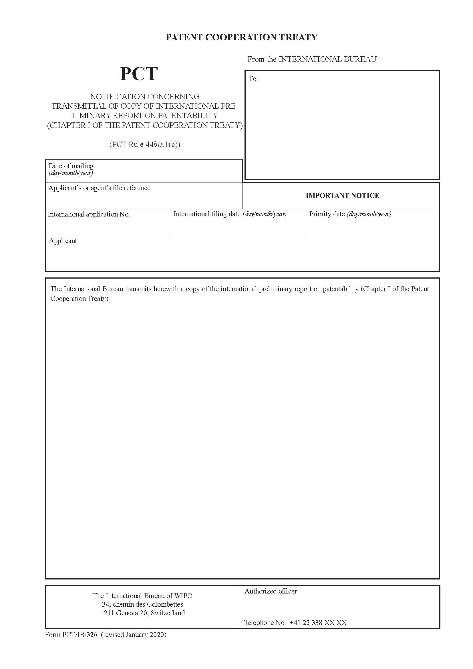 Notification Concerning Transmittal Of Copy Of International Preliminary Report {PCT-IB-326} | Pdf Fpdf Docx | Official Federal Forms