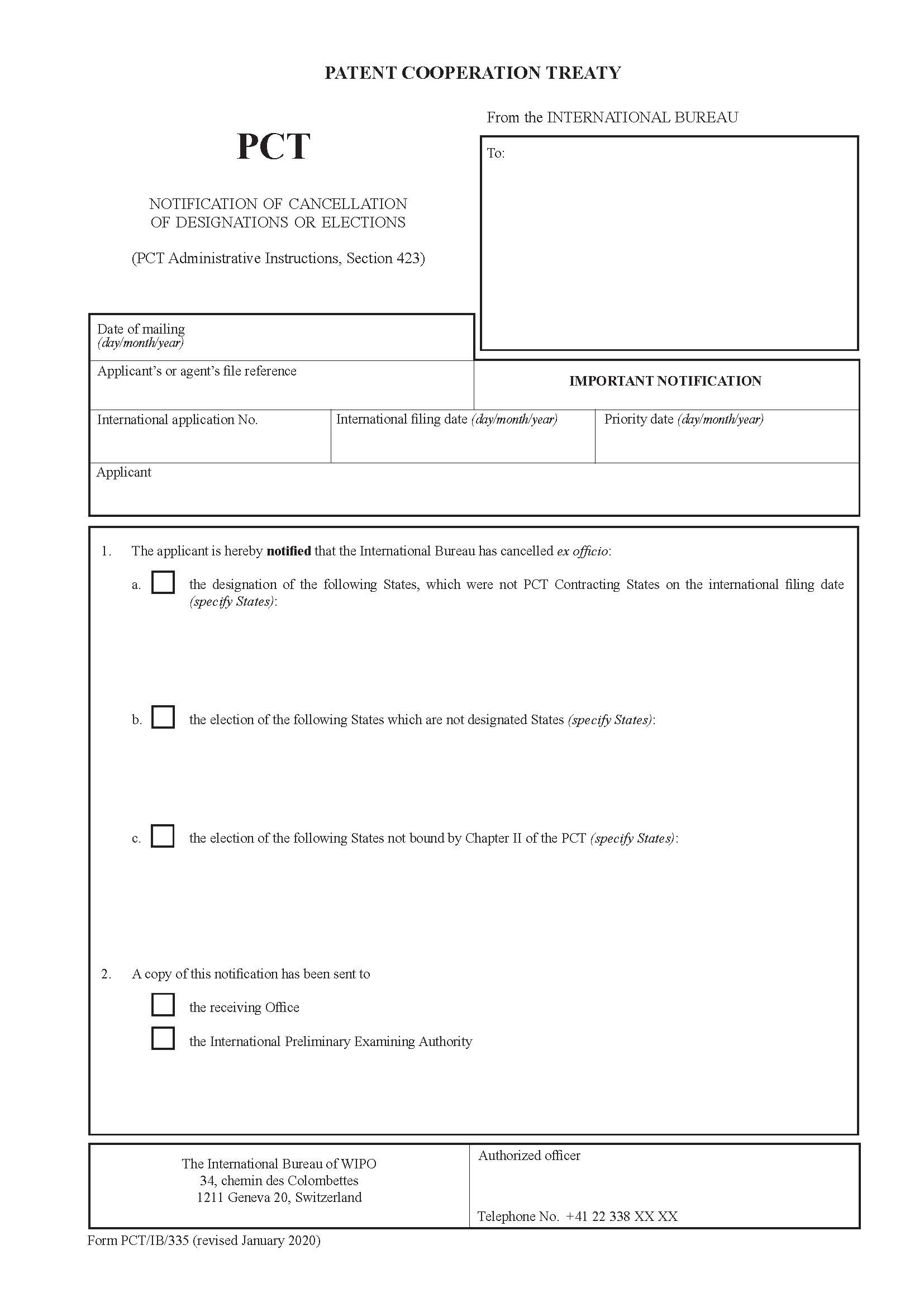 Notification Of Cancellation Of Designation Or Elections {PCT-IB-335} | Pdf Fpdf Doc Docx | Official Federal Forms