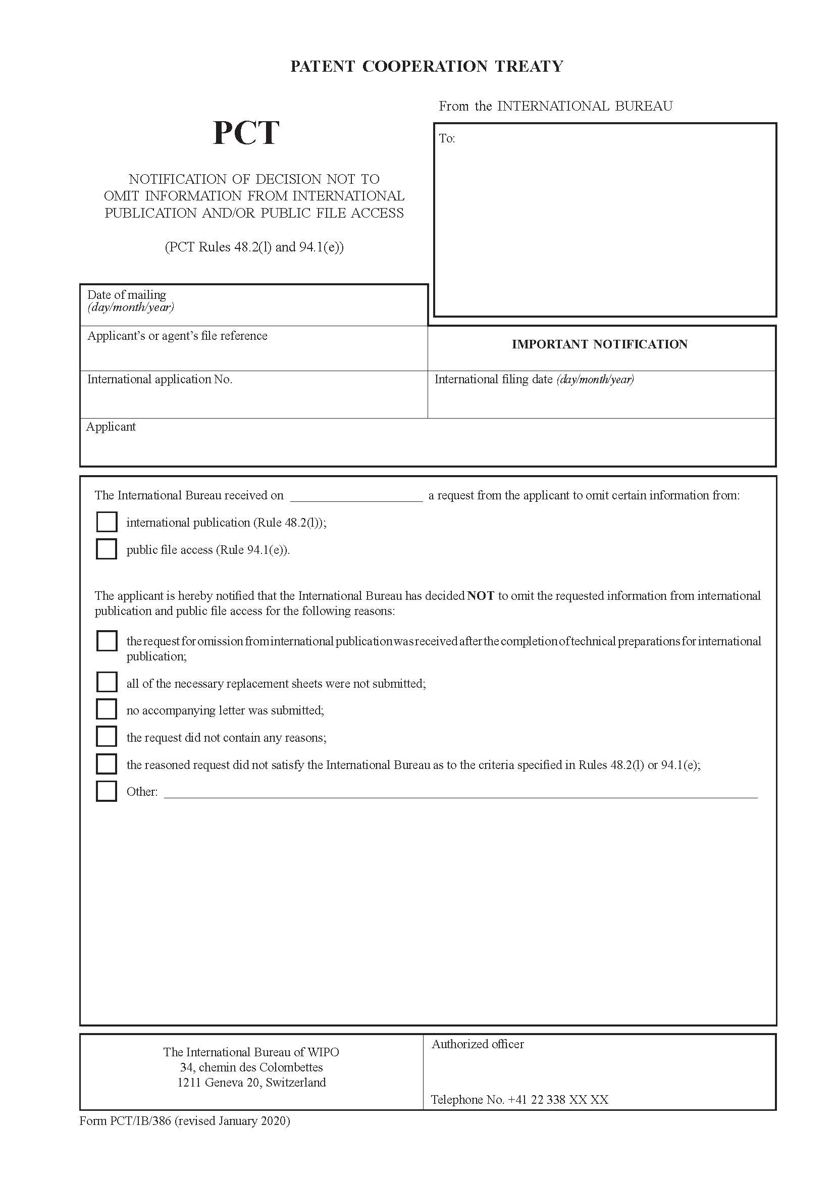 Notification Of Decision Not To Omit Information From International Publication {PCT-IB-386} | Pdf Fpdf Doc Docx | Official Federal Forms