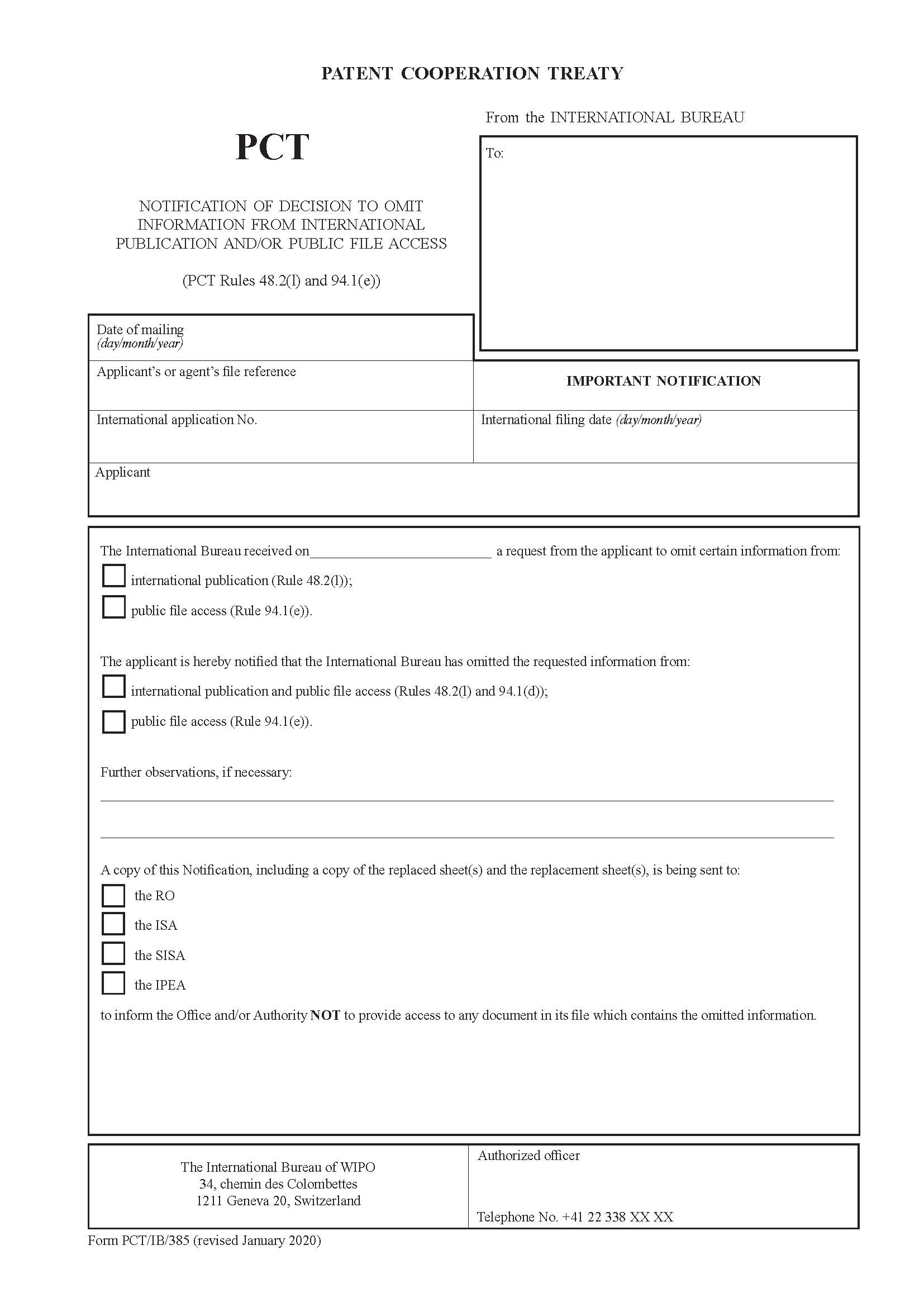 Notification Of Decision To Omit Information From International Publication {PCT-IB-385} | Pdf Fpdf Doc Docx | Official Federal Forms