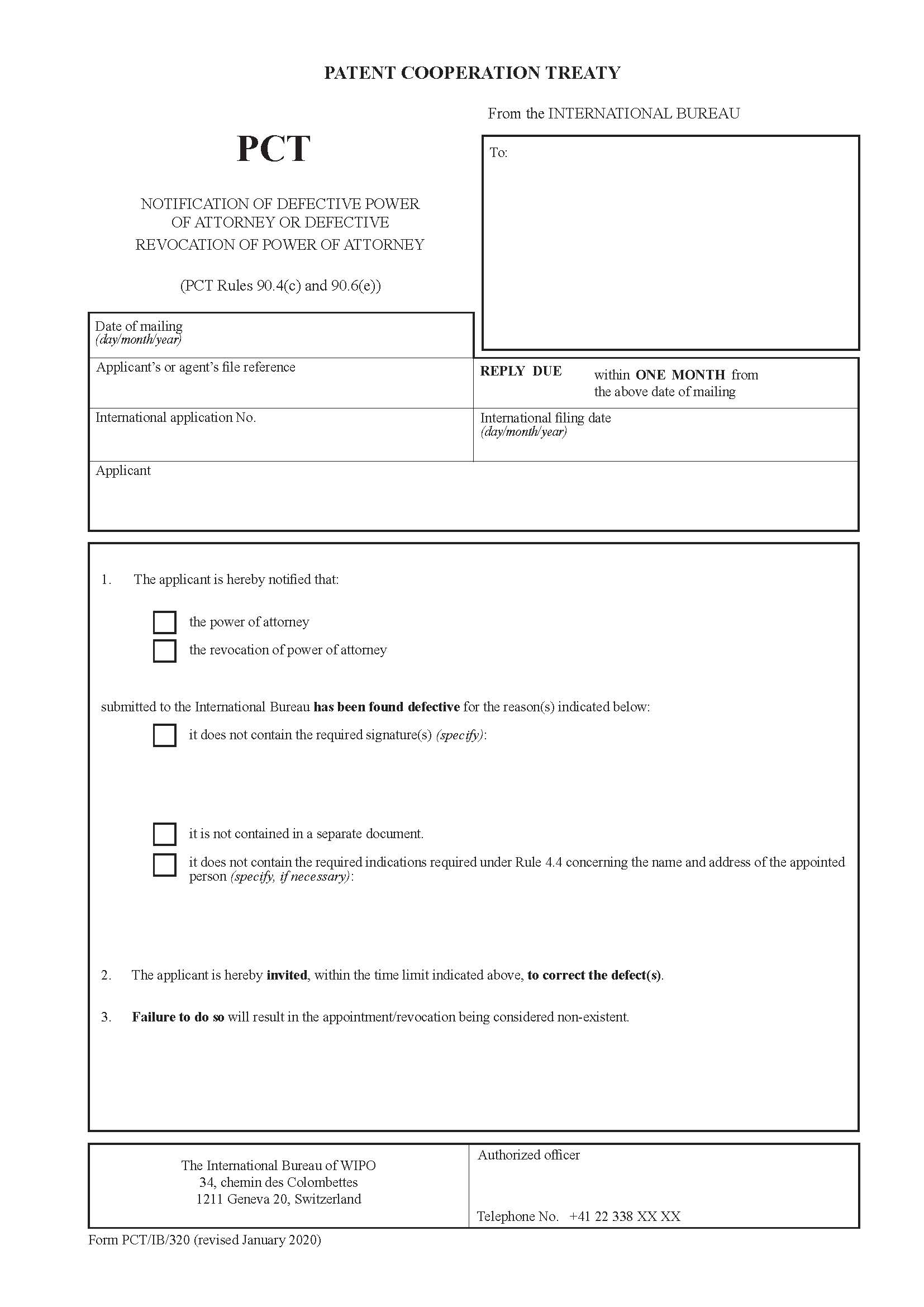 Notification Of Defective Power Of Attorney Or Defective Revocation Of Power Of Attorney {PCT-IB-320} | Pdf Fpdf Docx | Official Federal Forms