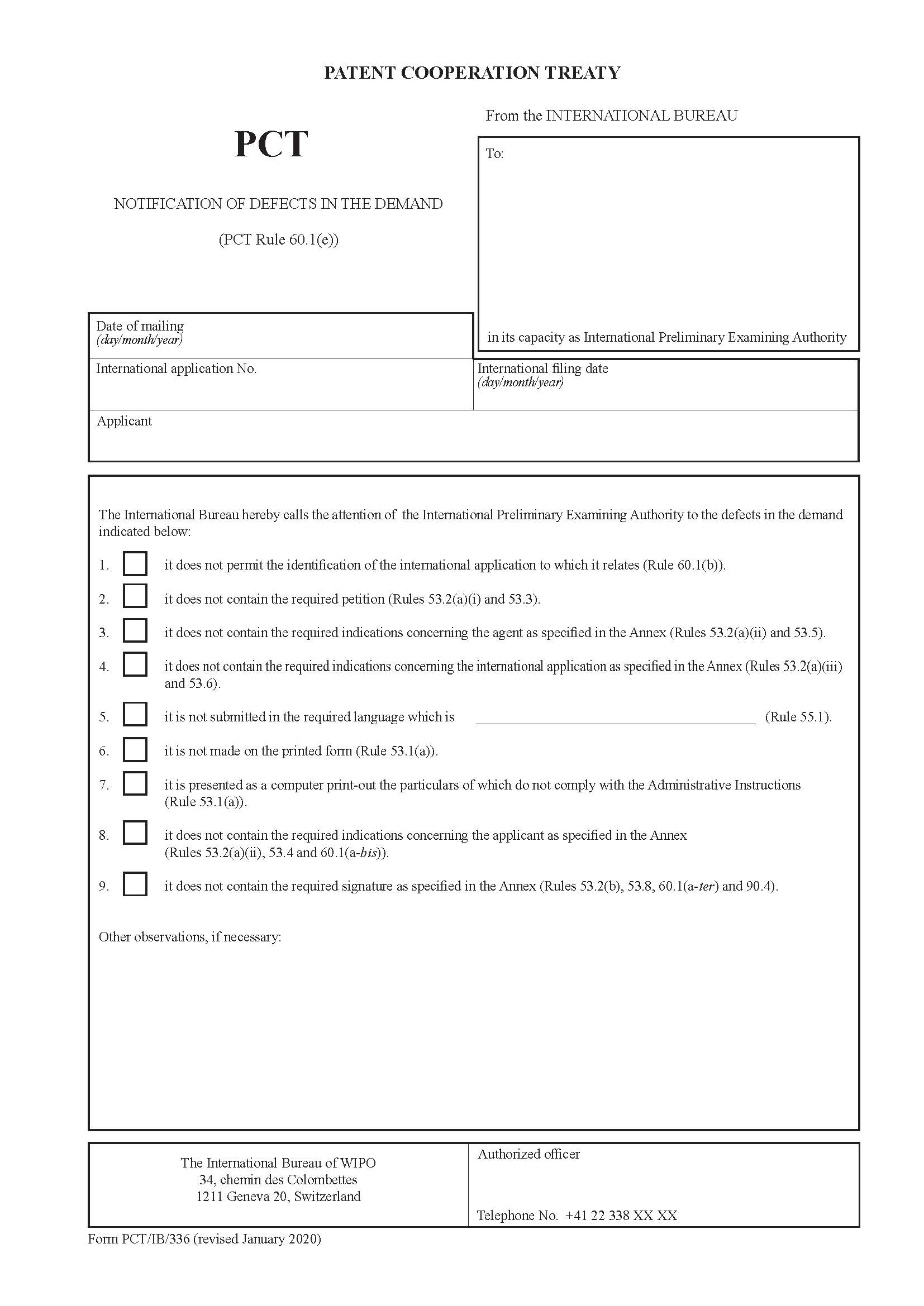 Notification Of Defects In Demand {PCT-IB-336} | Pdf Fpdf Doc Docx | Official Federal Forms