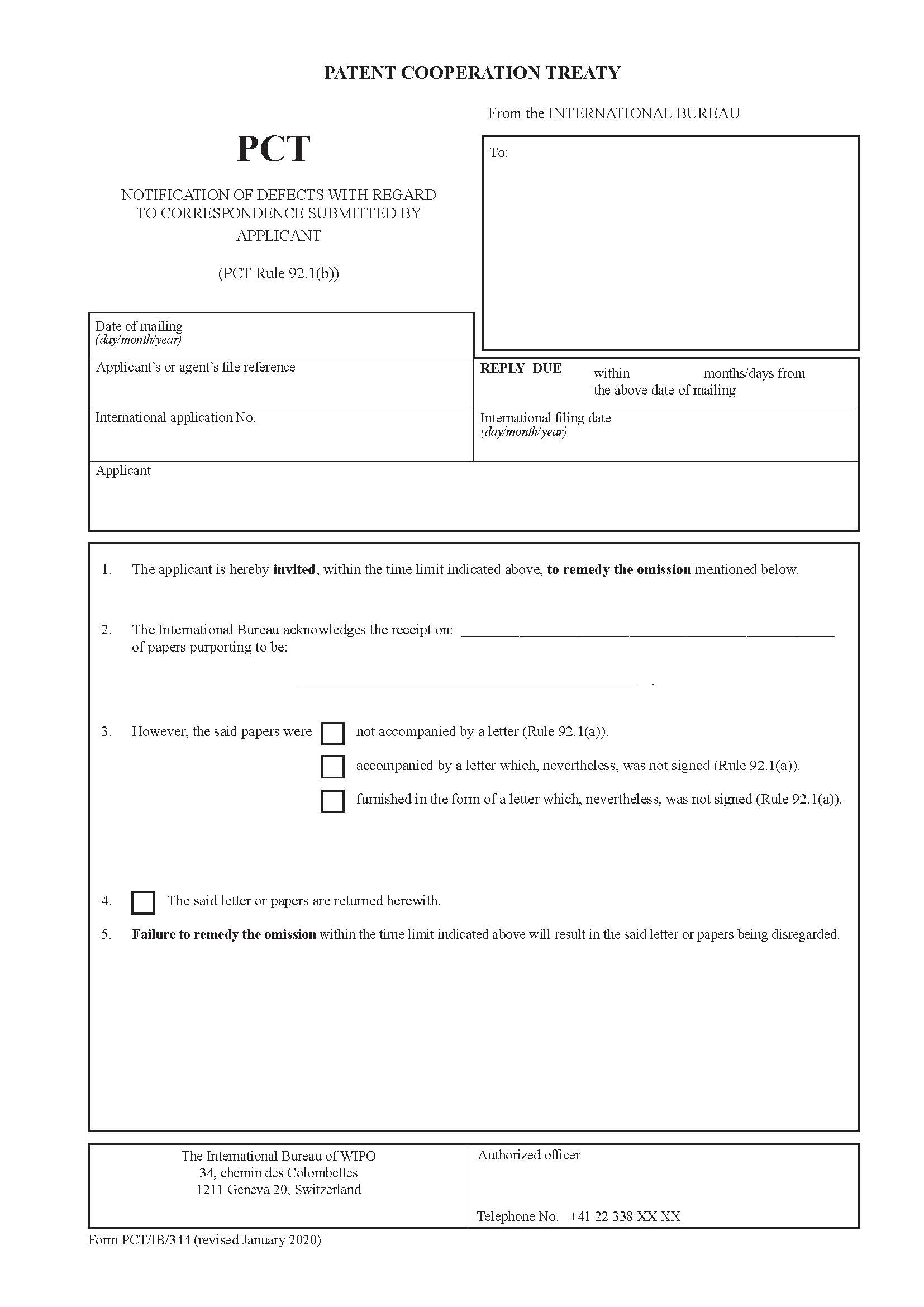 Notification Of Defects With Regard To Correspondence Submitted By Applicant {PCT-IB-344} | Pdf Fpdf Doc Docx | Official Federal Forms