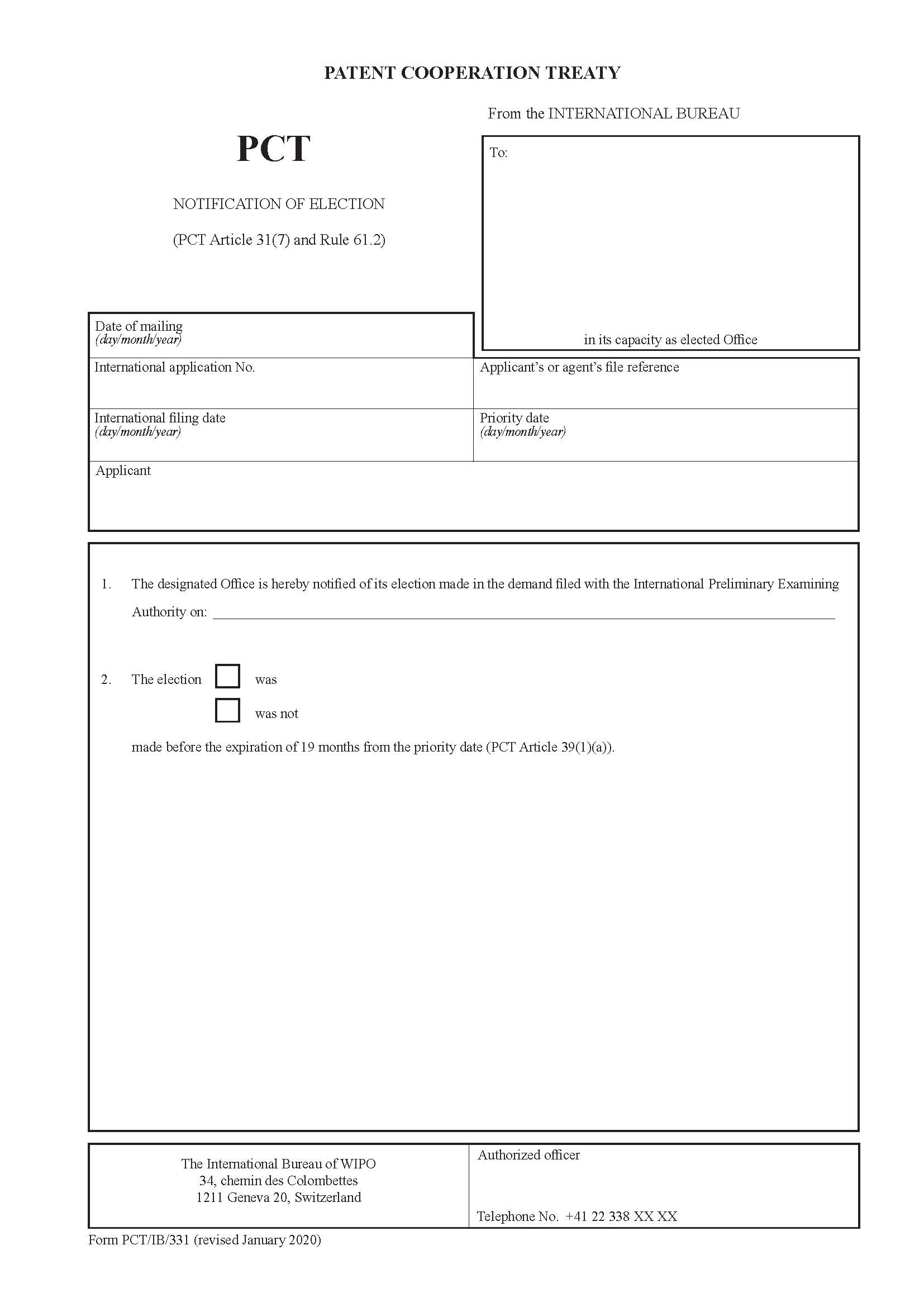 Notification Of Election {PCT-IB-331} | Pdf Fpdf Docx | Official Federal Forms