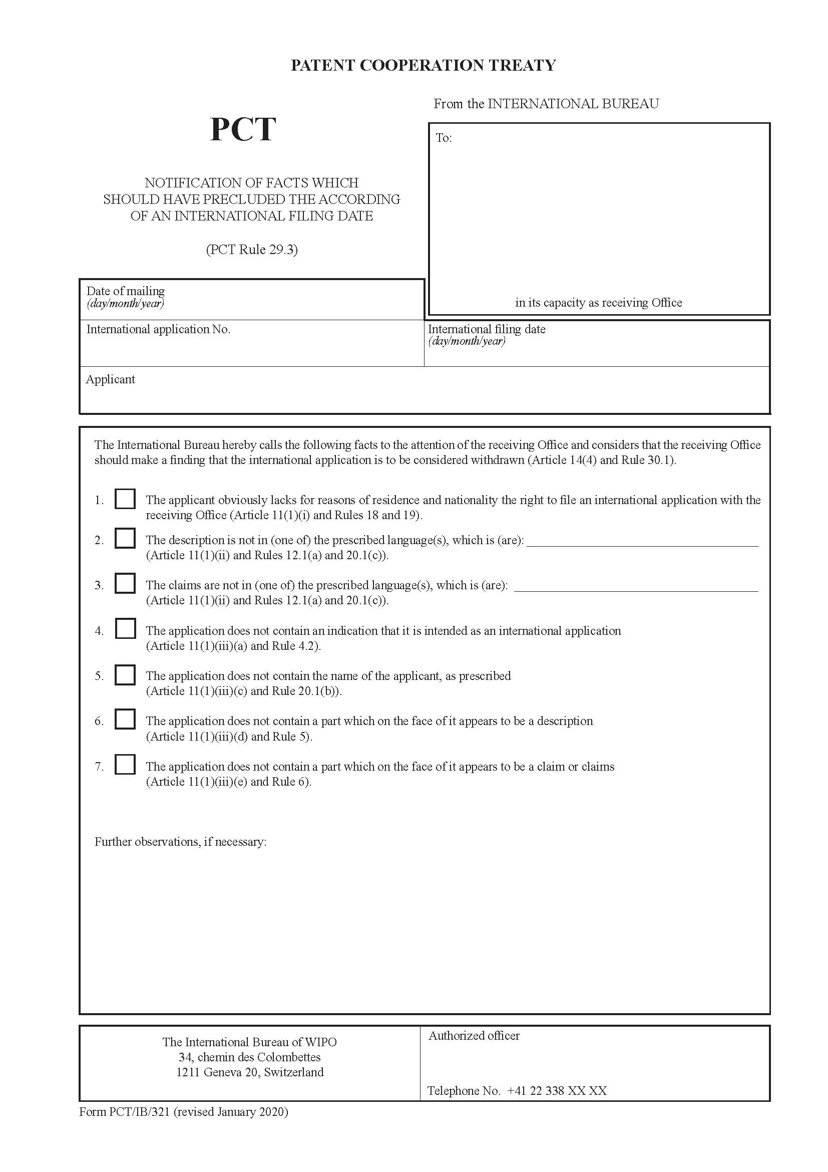 Notification Of Facts Which Should Have Precluded The According Of An International Filing {PCT-IB-321} | Pdf Fpdf Doc Docx | Official Federal Forms