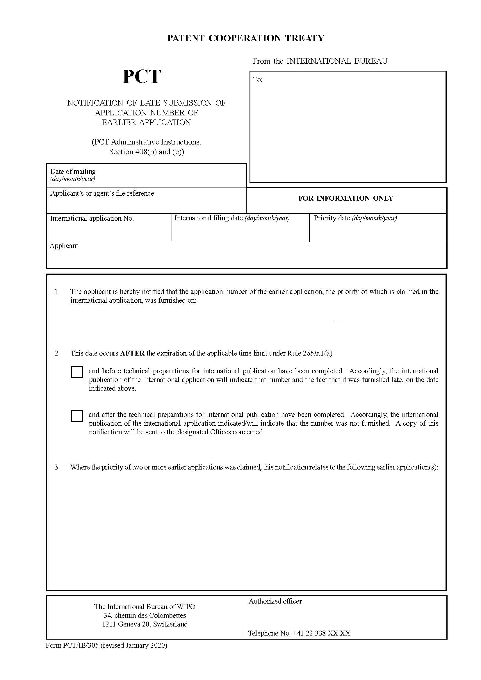 Notification Of Late Submission Of Application Number Of Earlier Application {PCT-IB-305} | Pdf Fpdf Doc Docx | Official Federal Forms