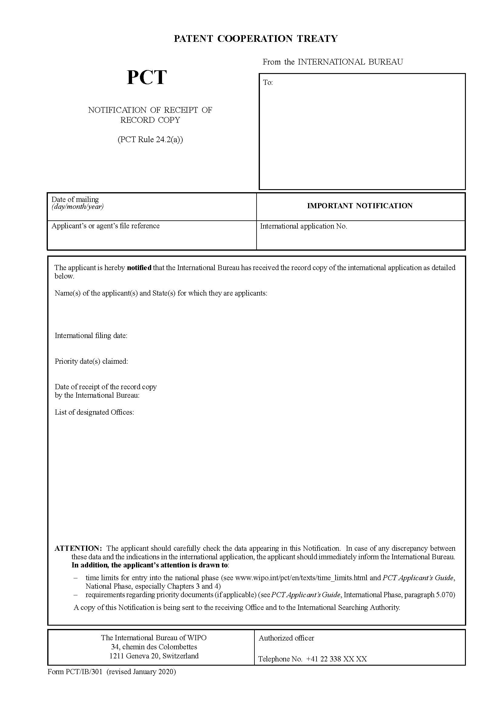 Notification Of Receipt Of Record Copy {PCT-IB-301} | Pdf Fpdf Docx | Official Federal Forms