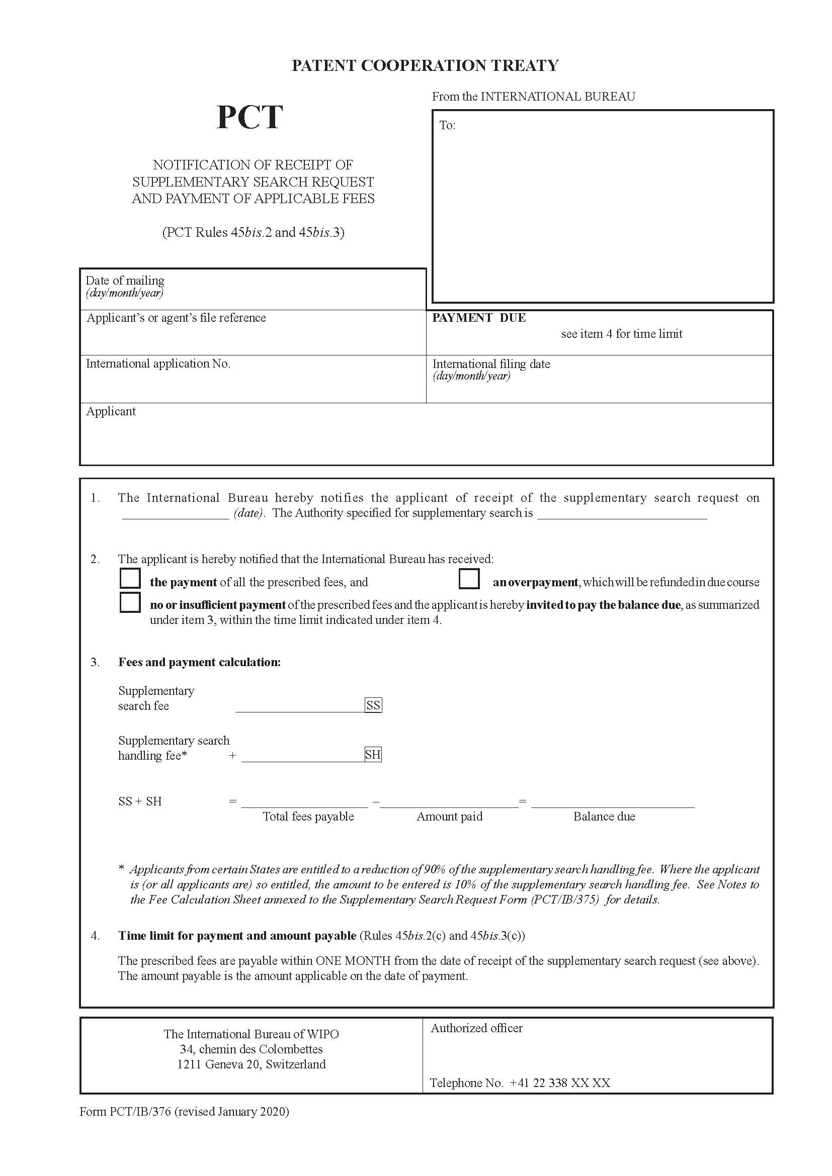 Notification Of Receipt Of Supplementary Search Request And Payment {PCT-IB-376} | Pdf Fpdf Docx | Official Federal Forms