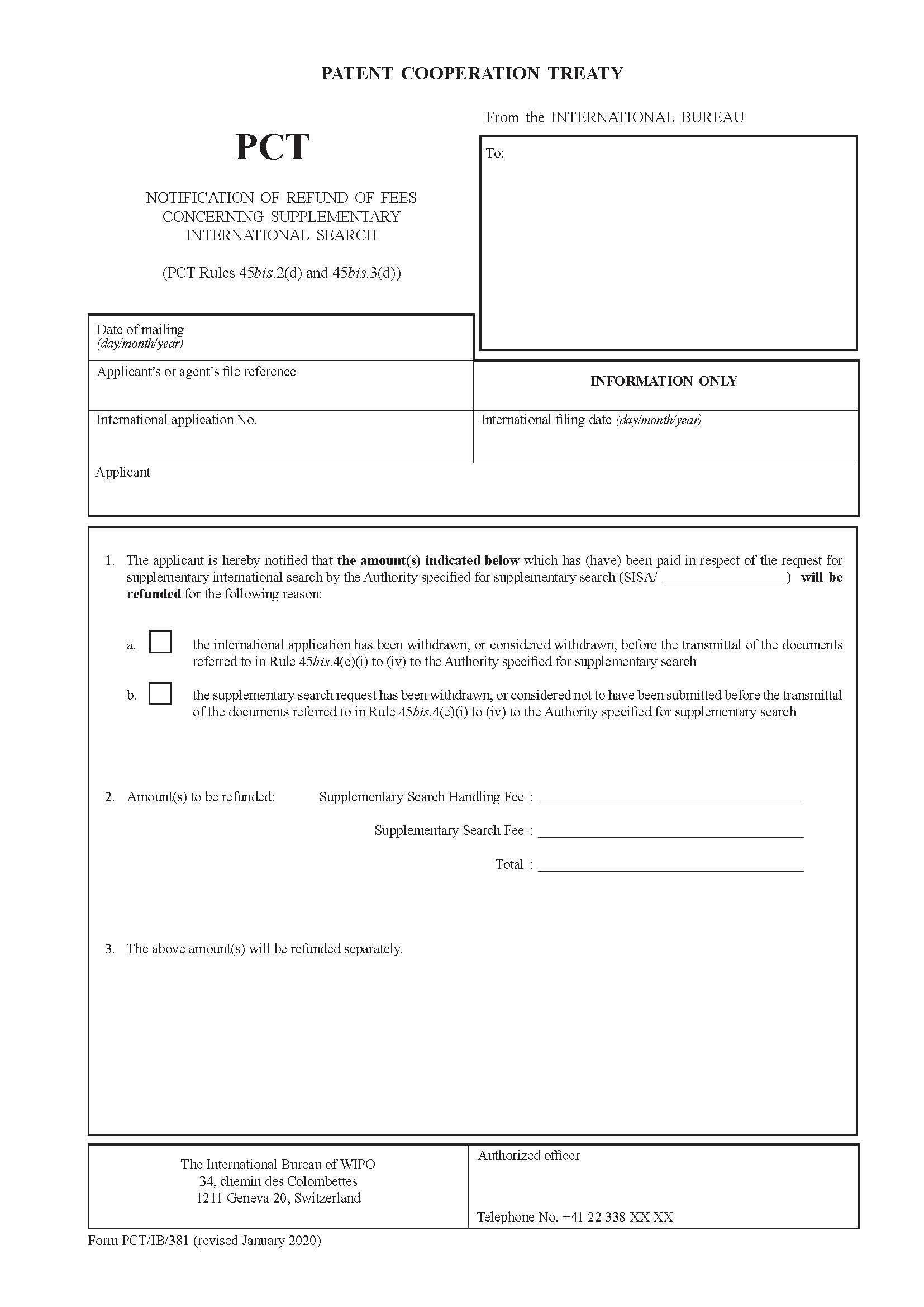 Notification Of Refund Of Fees Concerning Supplementary International Search {PCT-IB-381} | Pdf Fpdf Docx | Official Federal Forms