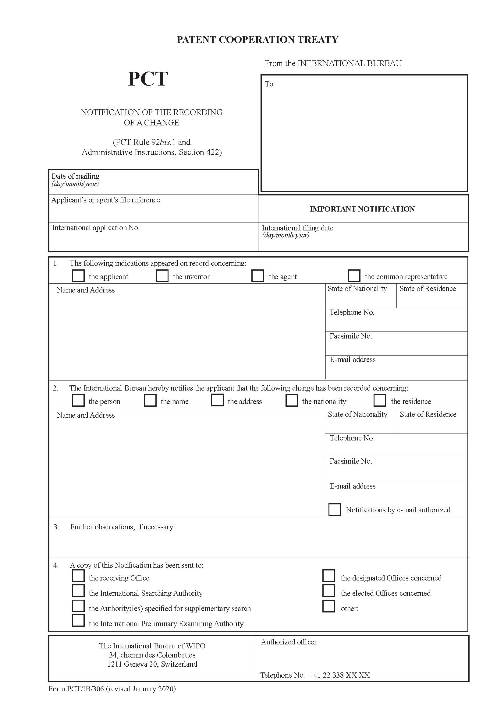 Notification Of The Recording Of A Change {PCT-IB-306} | Pdf Fpdf Docx | Official Federal Forms