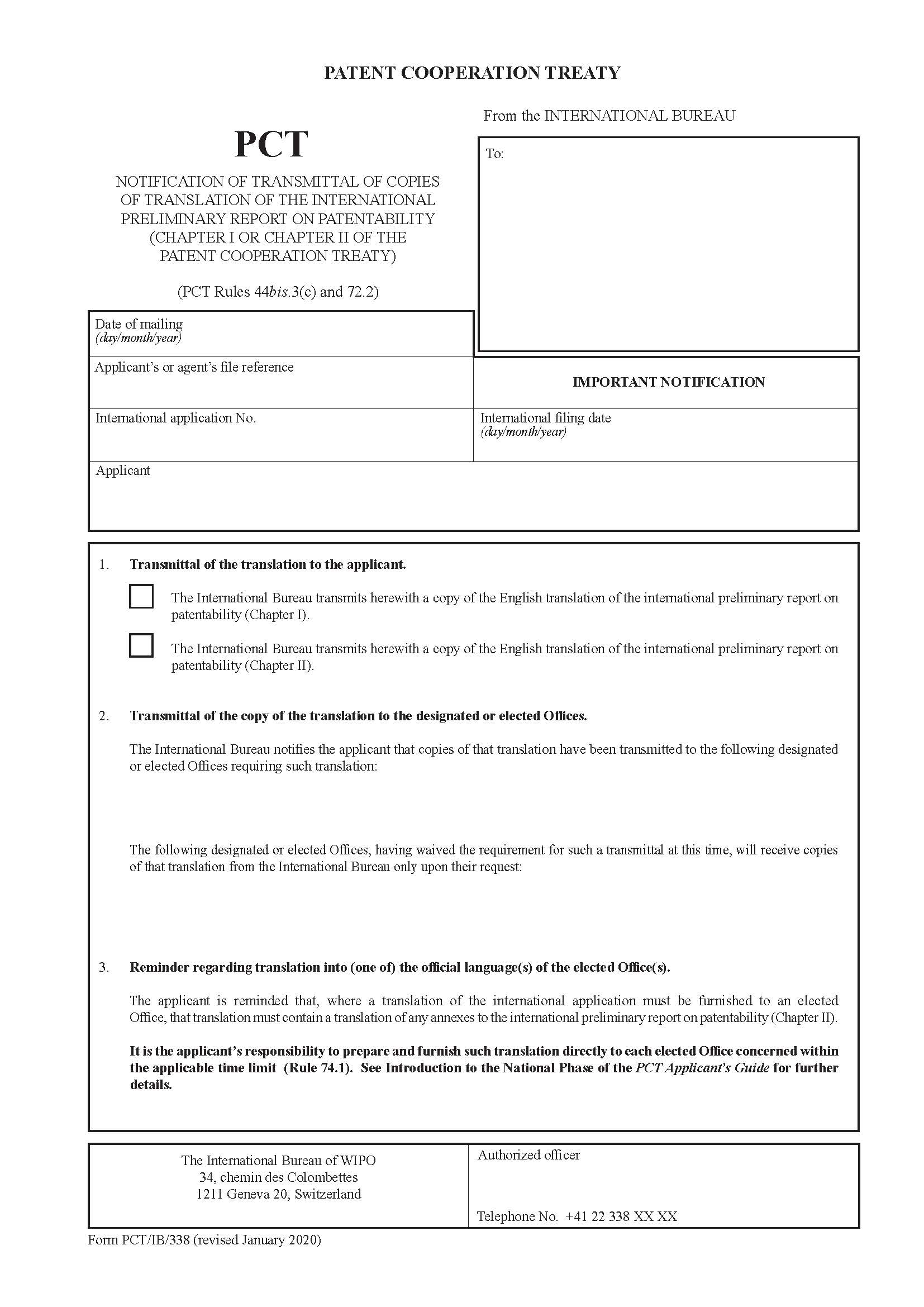 Notification Of Transmittal Of Copies Of Translation Of The International Preliminary Report {PCT-IB-338} | Pdf Fpdf Docx | Official Federal Forms