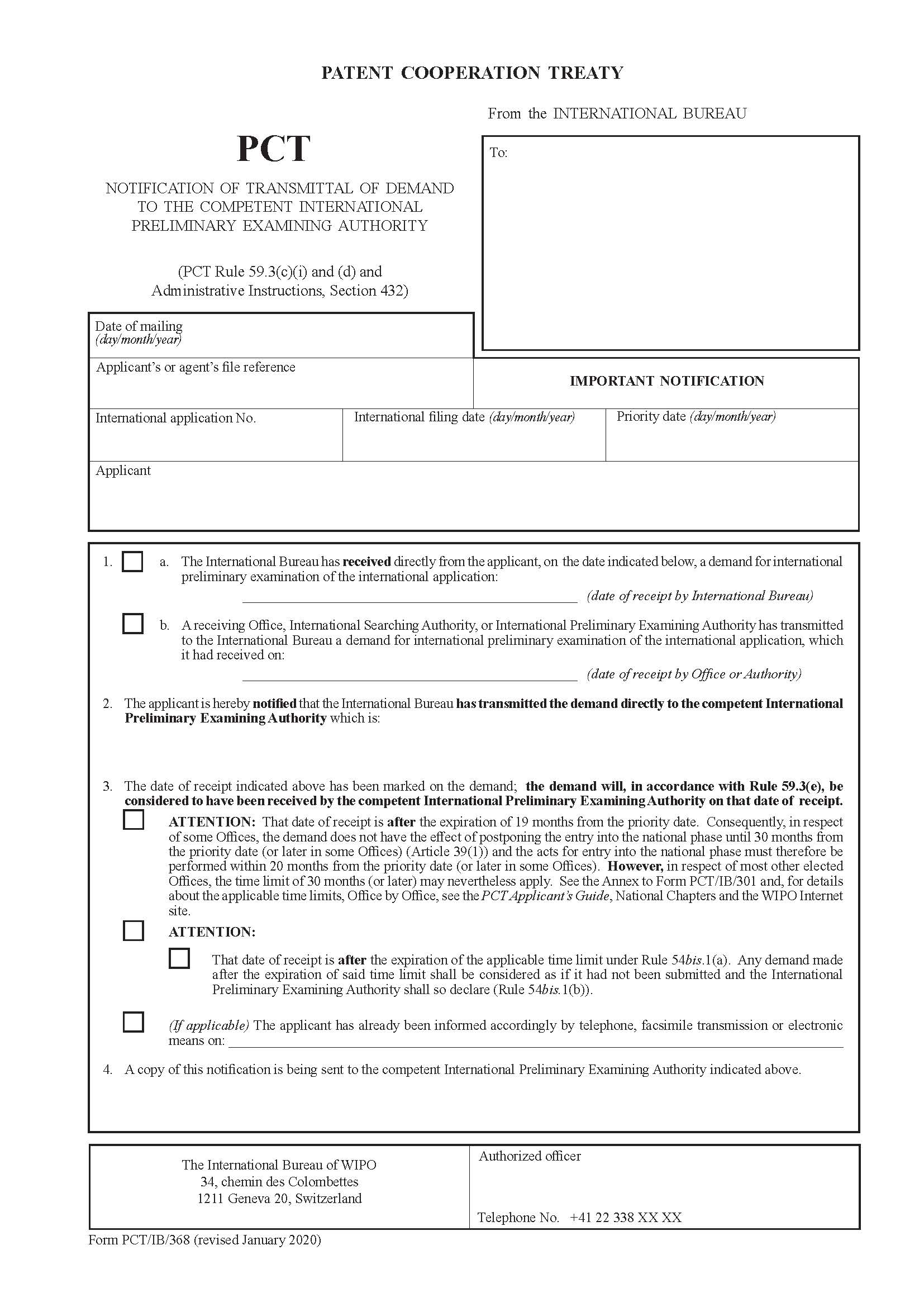Notification Of Transmittal Of Demand To The Competent International Preliminary {PCT-IB-368} | Pdf Fpdf Docx | Official Federal Forms