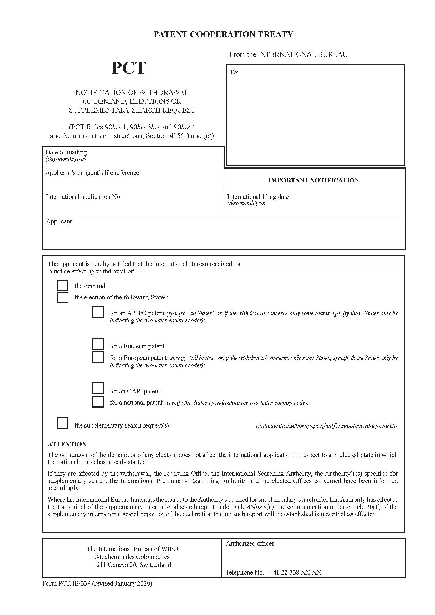 Notification Of Withdrawal Of Demand Or Elections {PCT-IB-339} | Pdf Fpdf Docx | Official Federal Forms