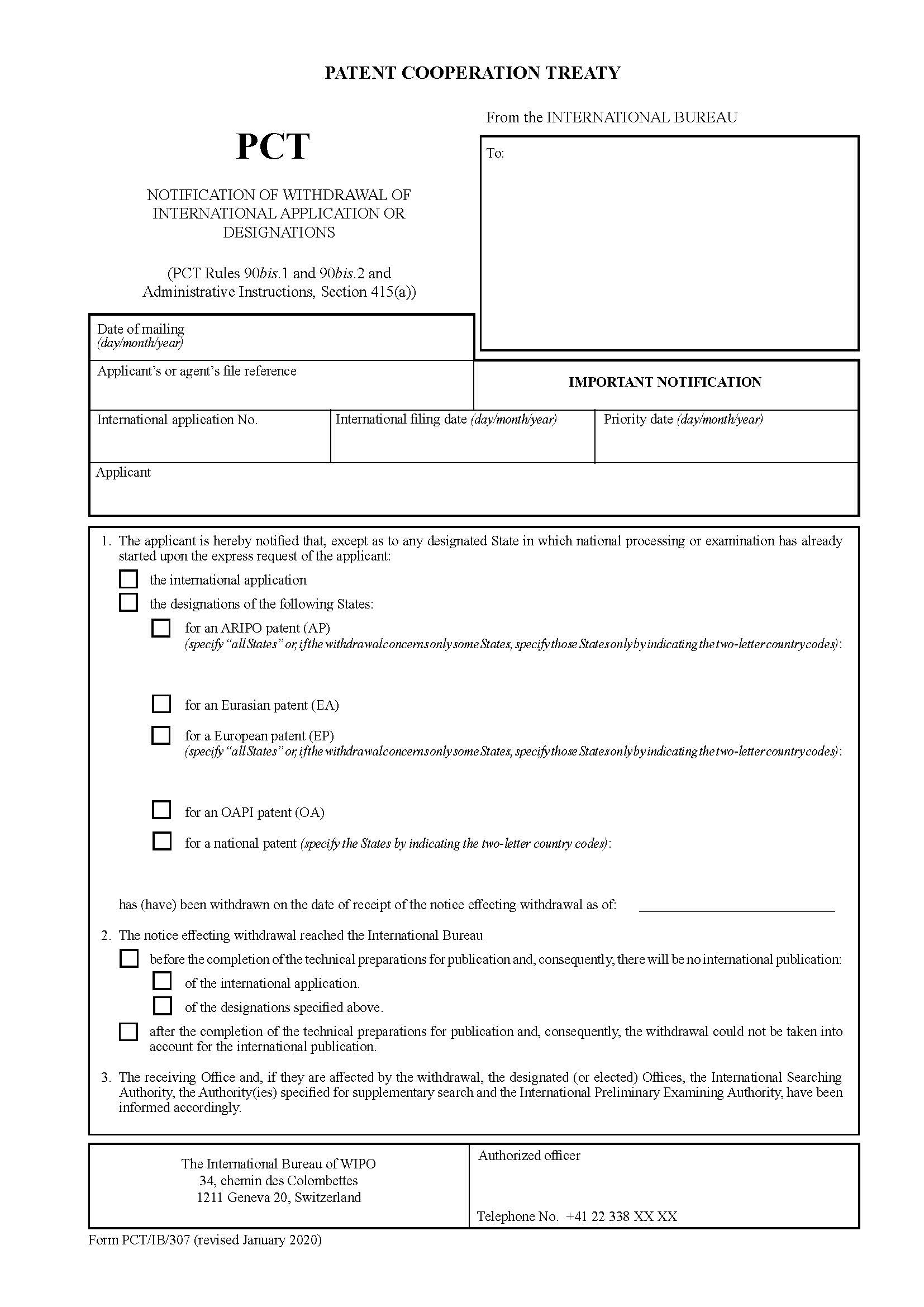 Notification Of Withdrawal Of International Application Or Designations {PCT-IB-307} | Pdf Fpdf Docx | Official Federal Forms