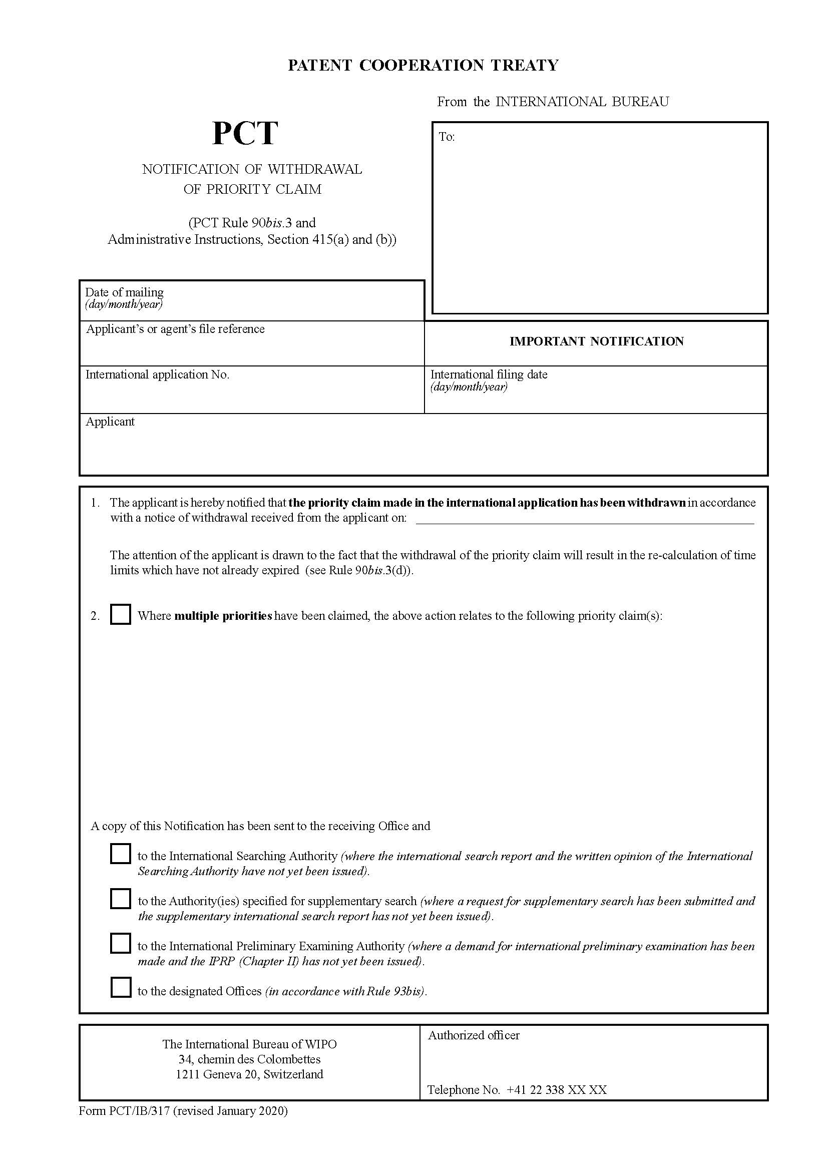 Notification Of Withdrawal Of Priority Claim {PCT-IB-317} | Pdf Fpdf Doc Docx | Official Federal Forms
