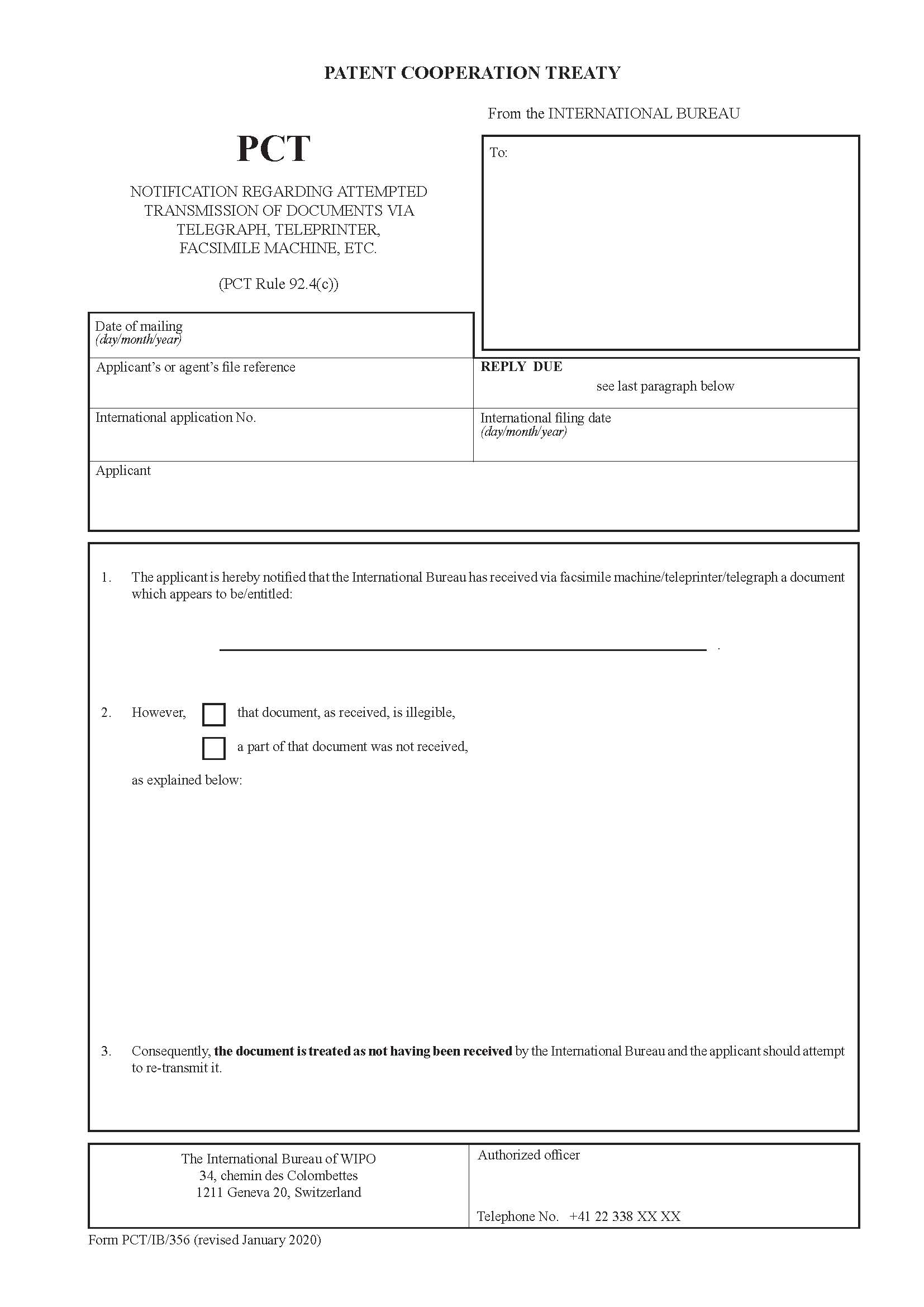 Notification Regarding Attempted Transmission Of Documents Via Telegraph Teleprinter {PCT-IB-356} | Pdf Fpdf Docx | Official Federal Forms