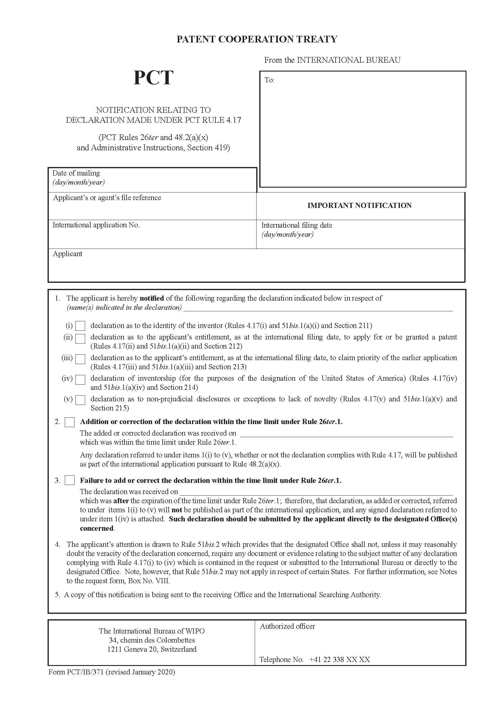 Notification Relating To Declaration Made Under Rule 4.17 {PCT-IB-371} | Pdf Fpdf Doc Docx | Official Federal Forms