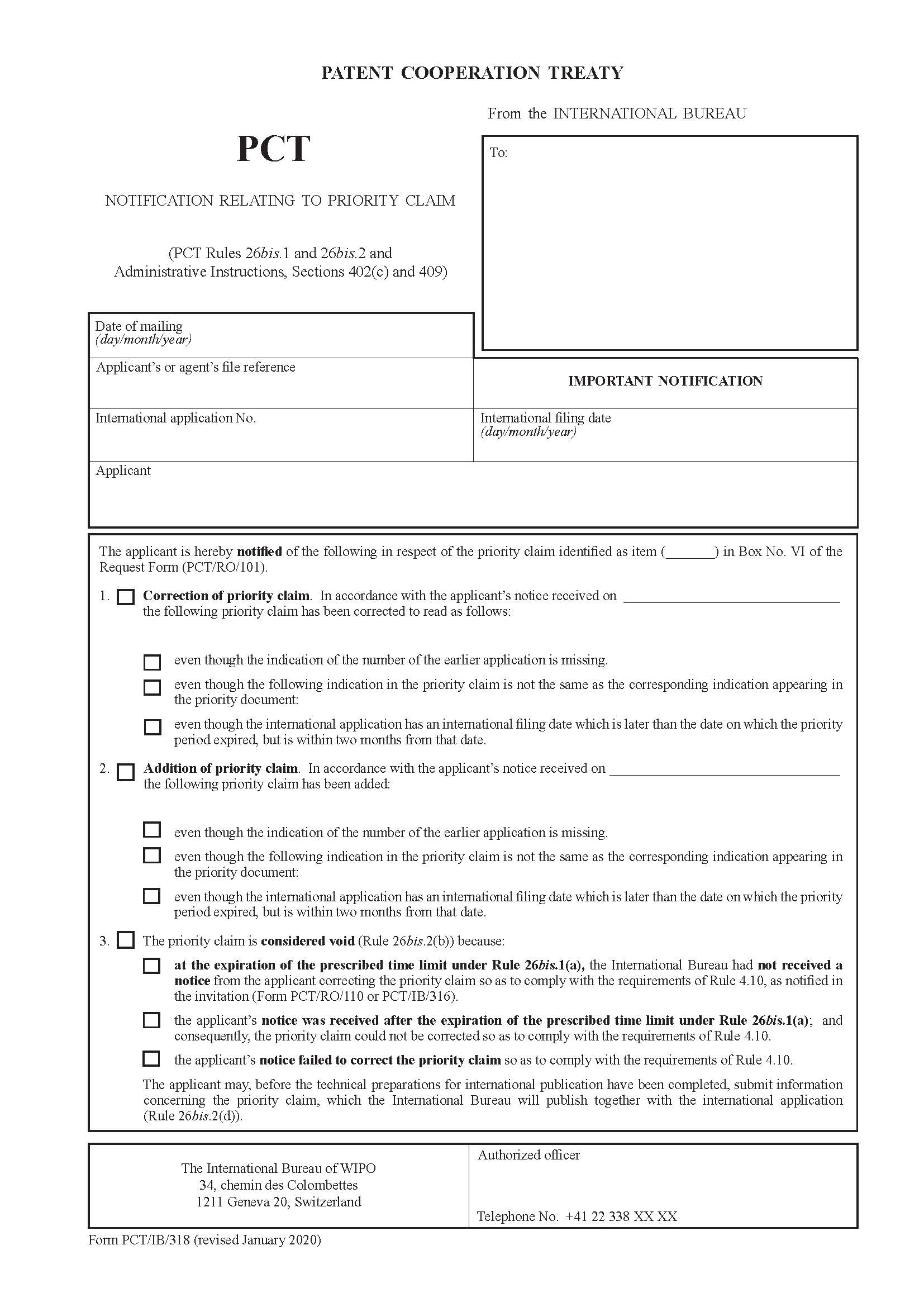 Notification Relating To Priority Claim {PCT-IB-318} | Pdf Fpdf Docx | Official Federal Forms