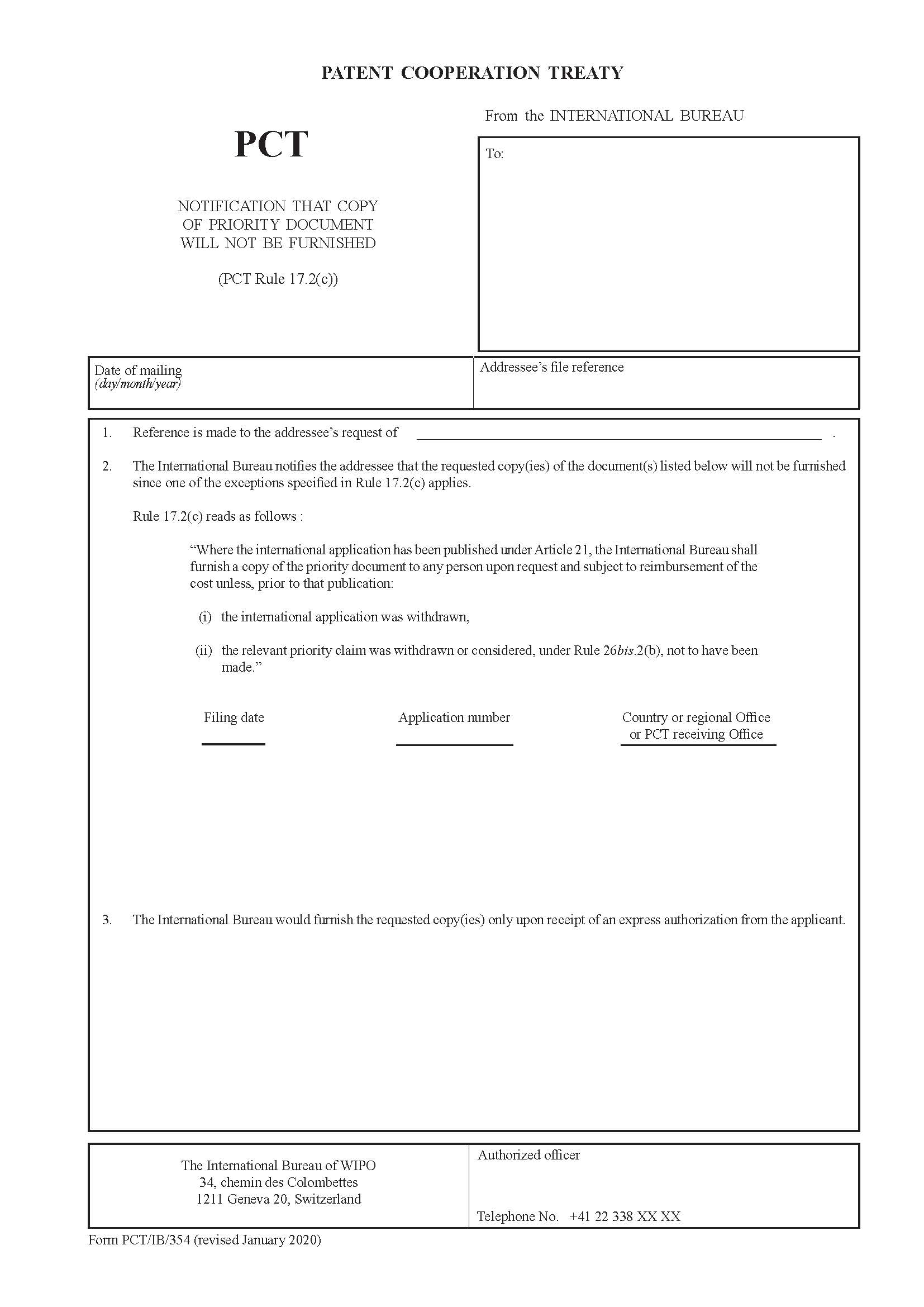 Notification That Copy Of Priority Document Will Not Be Furnished {PCT-IB-354} | Pdf Fpdf Docx | Official Federal Forms