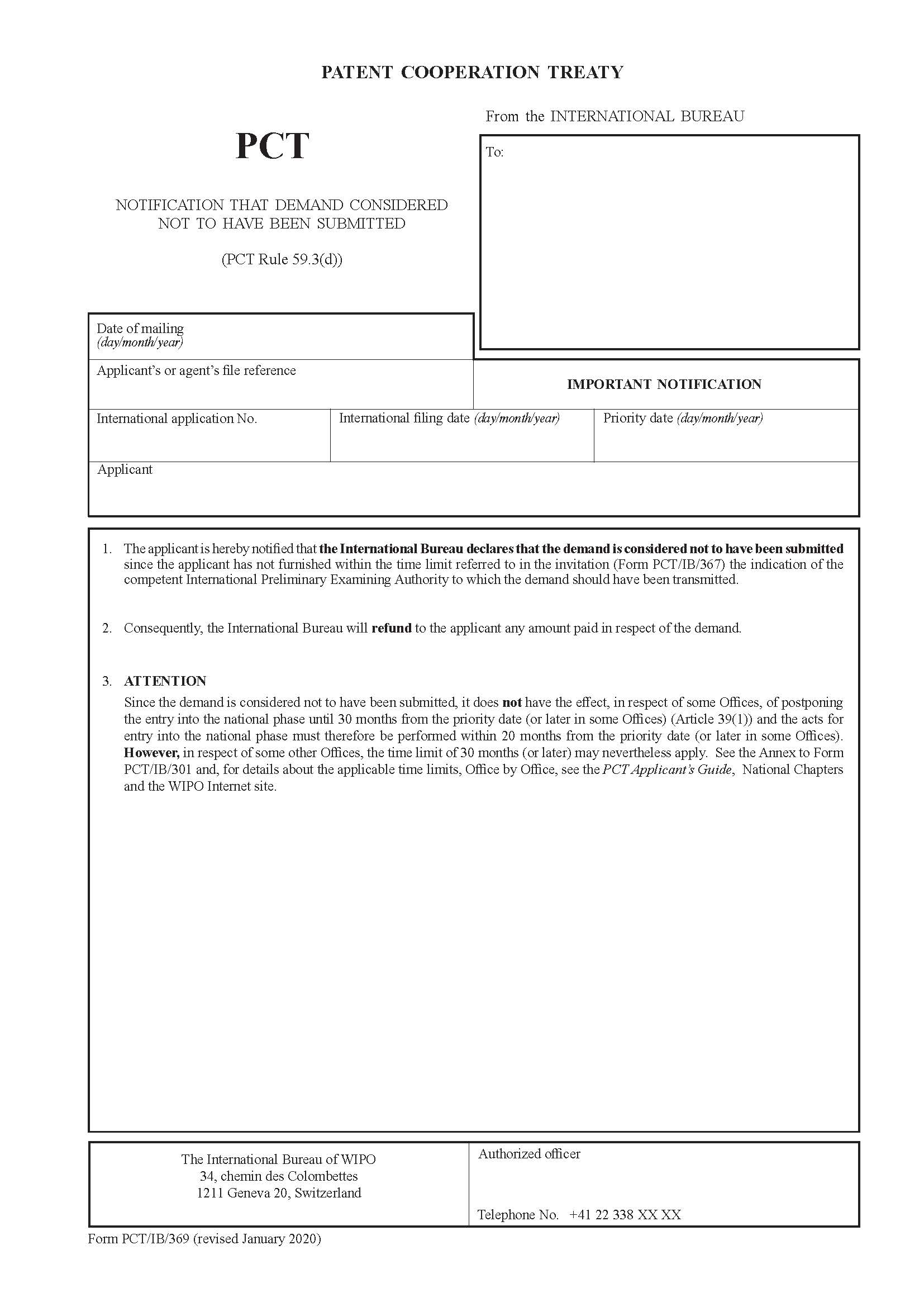 Notification That Demand Considered Not To Have Been Submitted {PCT-IB-369} | Pdf Fpdf Docx | Official Federal Forms