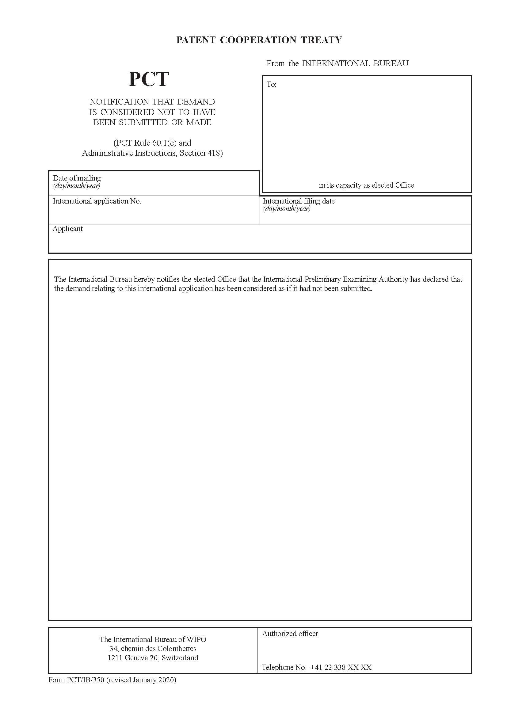 Notification That Demand Is Considered Not To Have Been Submitted Or Made {PCT-IB-350} | Pdf Fpdf Docx | Official Federal Forms