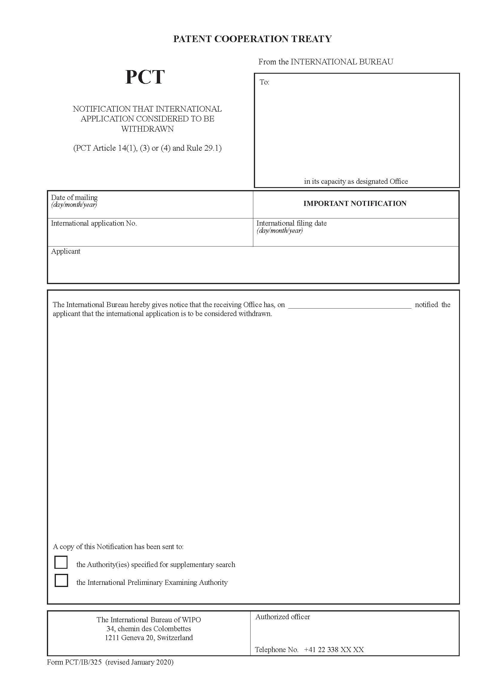 Notification That International Application Considered To Be Withdrawn {PCT-IB-325} | Pdf Fpdf Doc Docx | Official Federal Forms