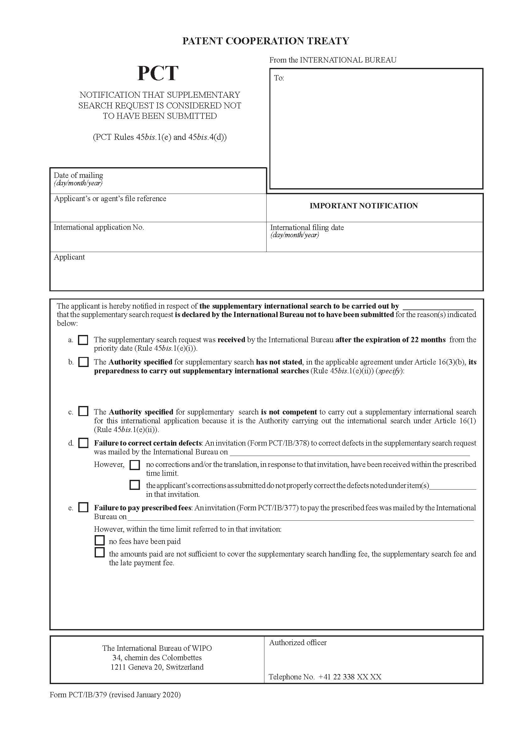 Notification That Supplementary Search Request Is Considered Not To Have Been Submitted {PCT-IB-379} | Pdf Fpdf Docx | Official Federal Forms